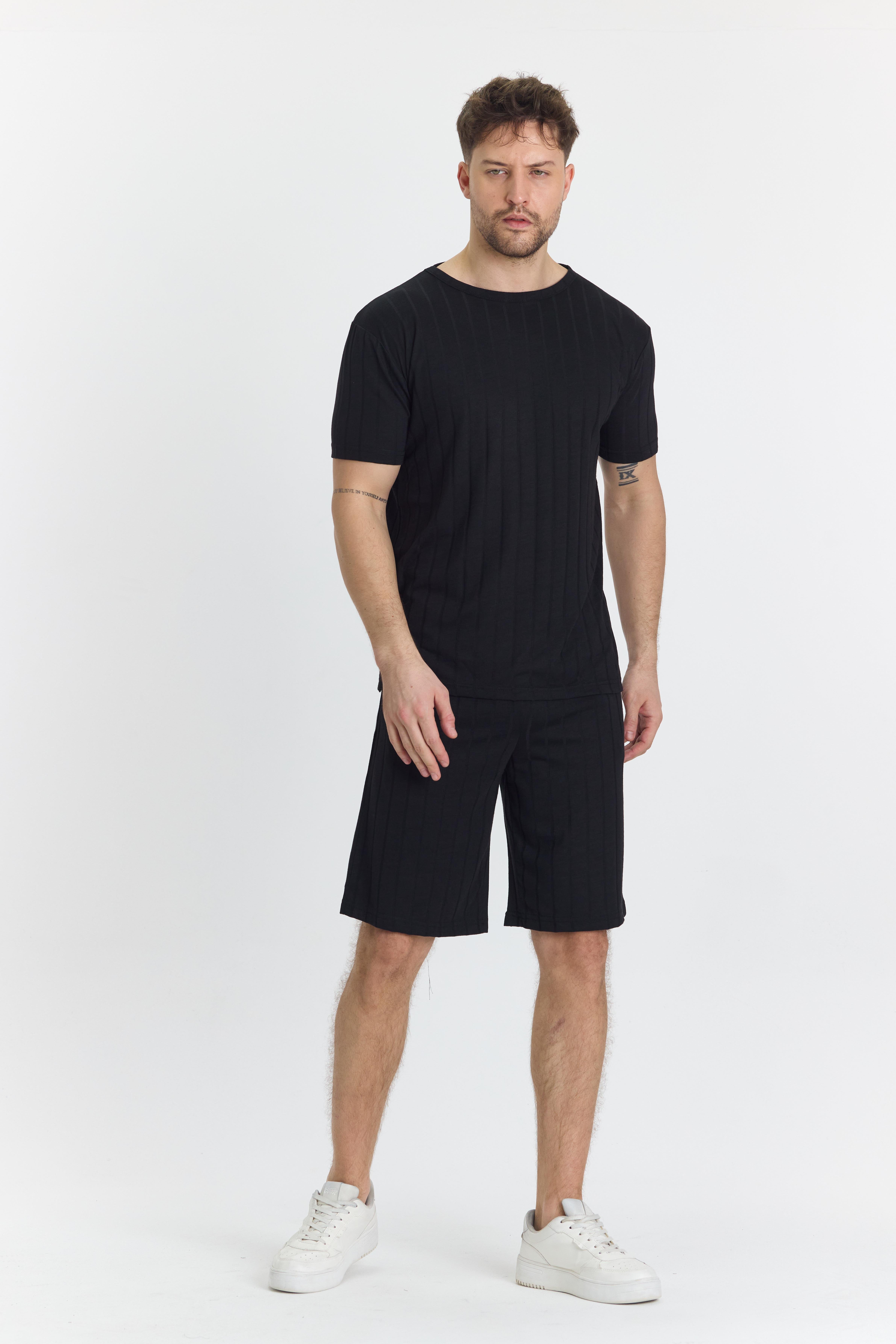 Erkek Çizgli Polycotton T-shirt Şort İkili Takım Siyah 5734-S