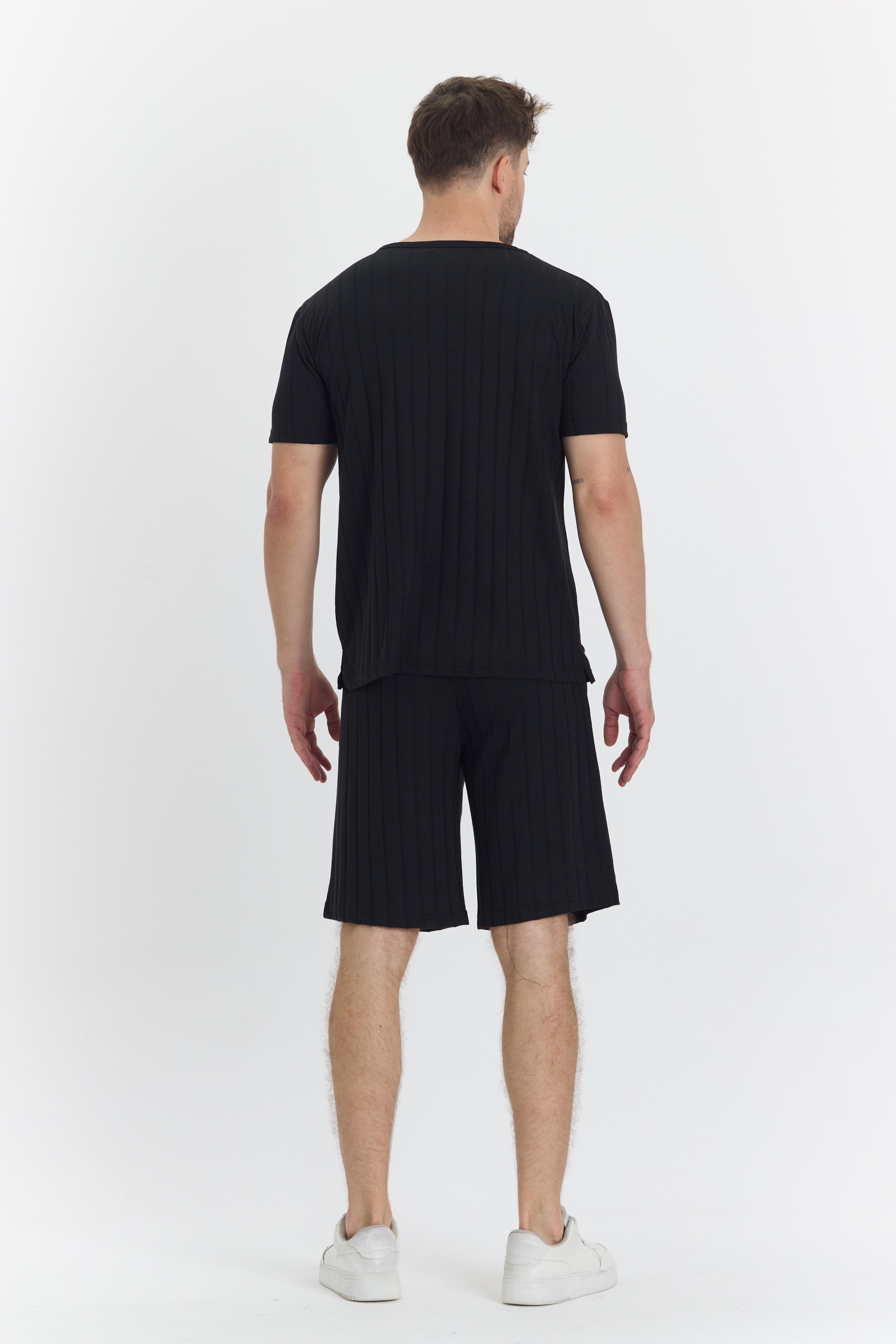 Erkek Çizgli Polycotton T-shirt Şort İkili Takım Siyah 5734-S