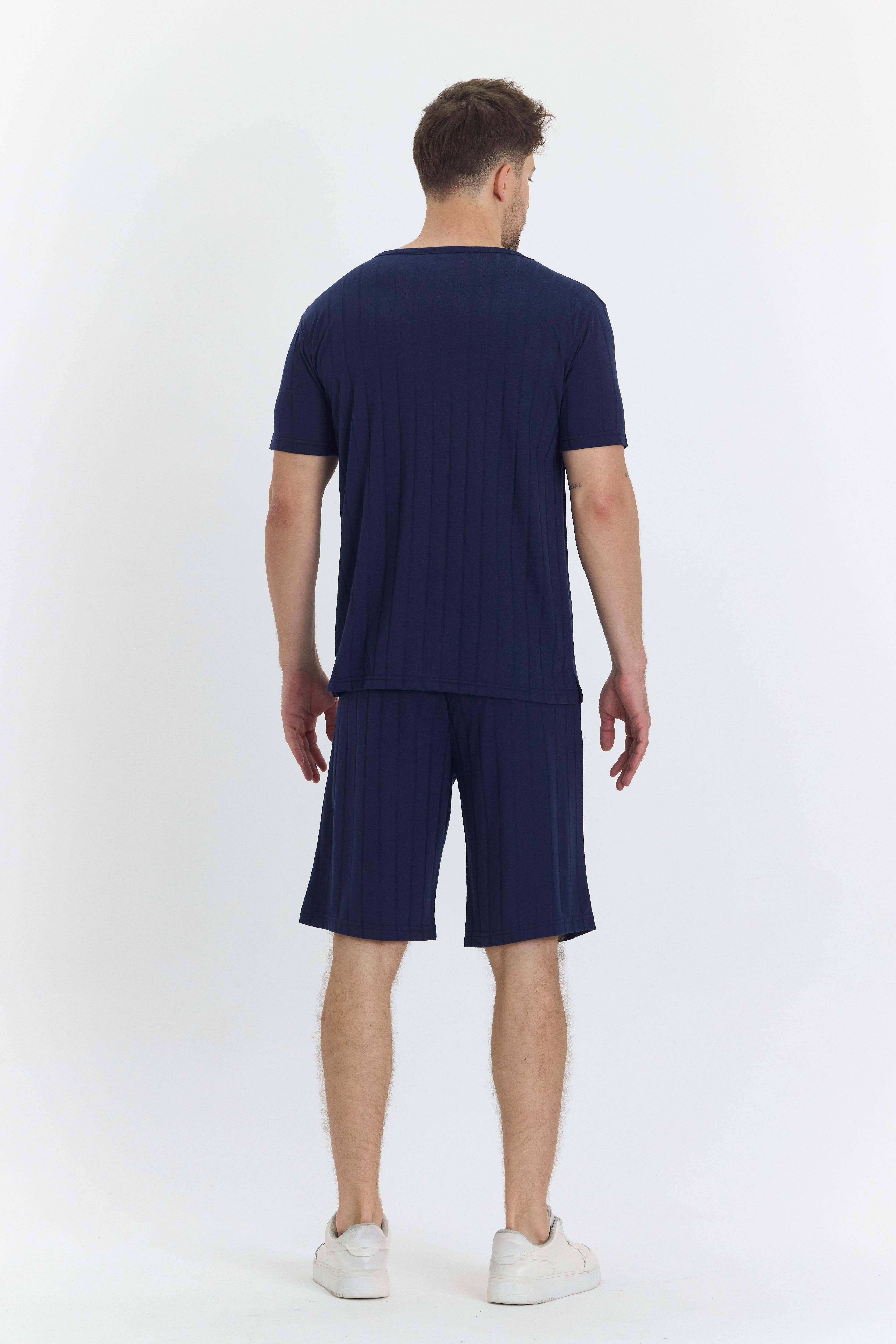 Erkek Çizgli Polycotton T-shirt Şort İkili Takım Lacivert 5734-L