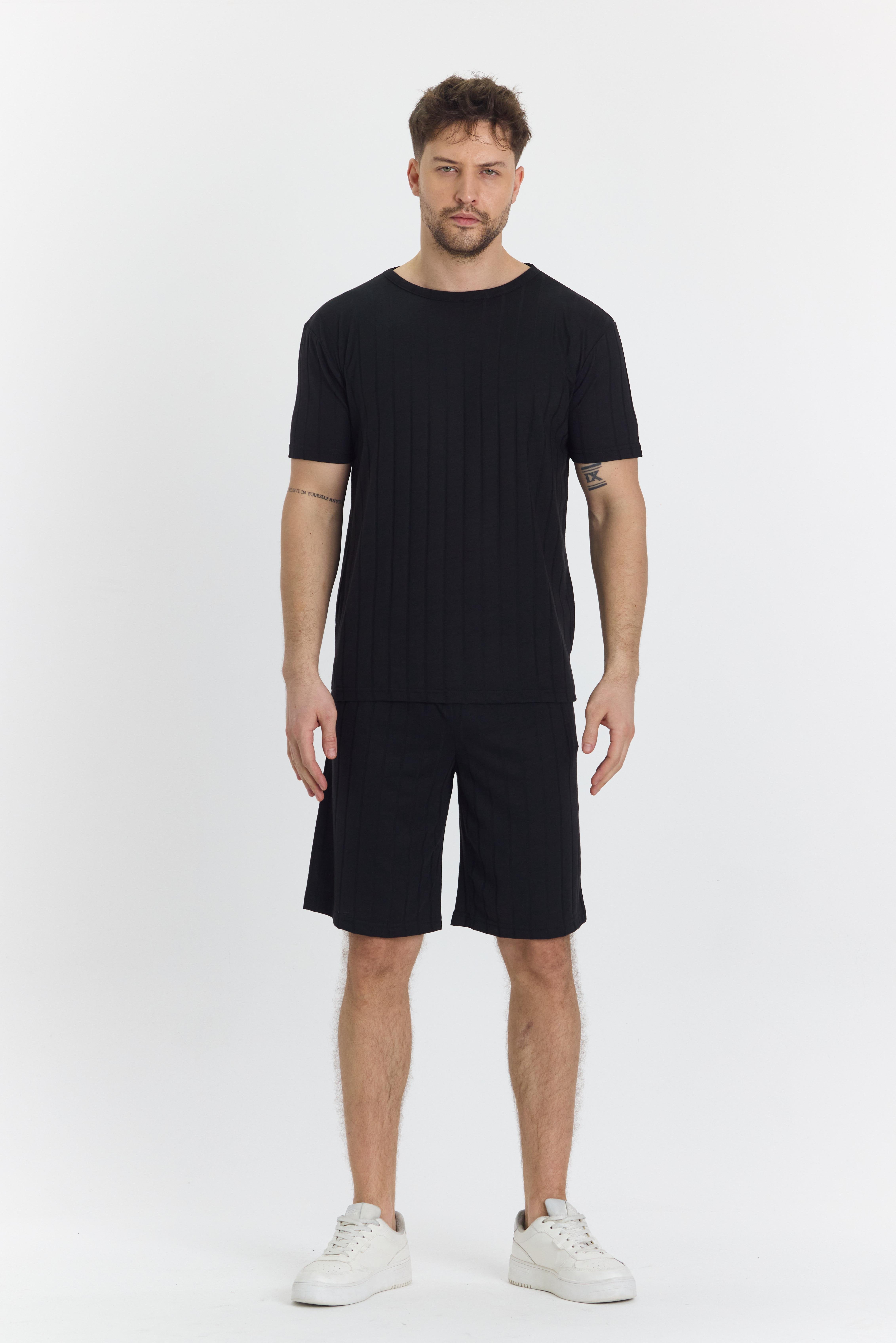 Erkek Çizgli Polycotton T-shirt Şort İkili Takım Siyah 5734-S