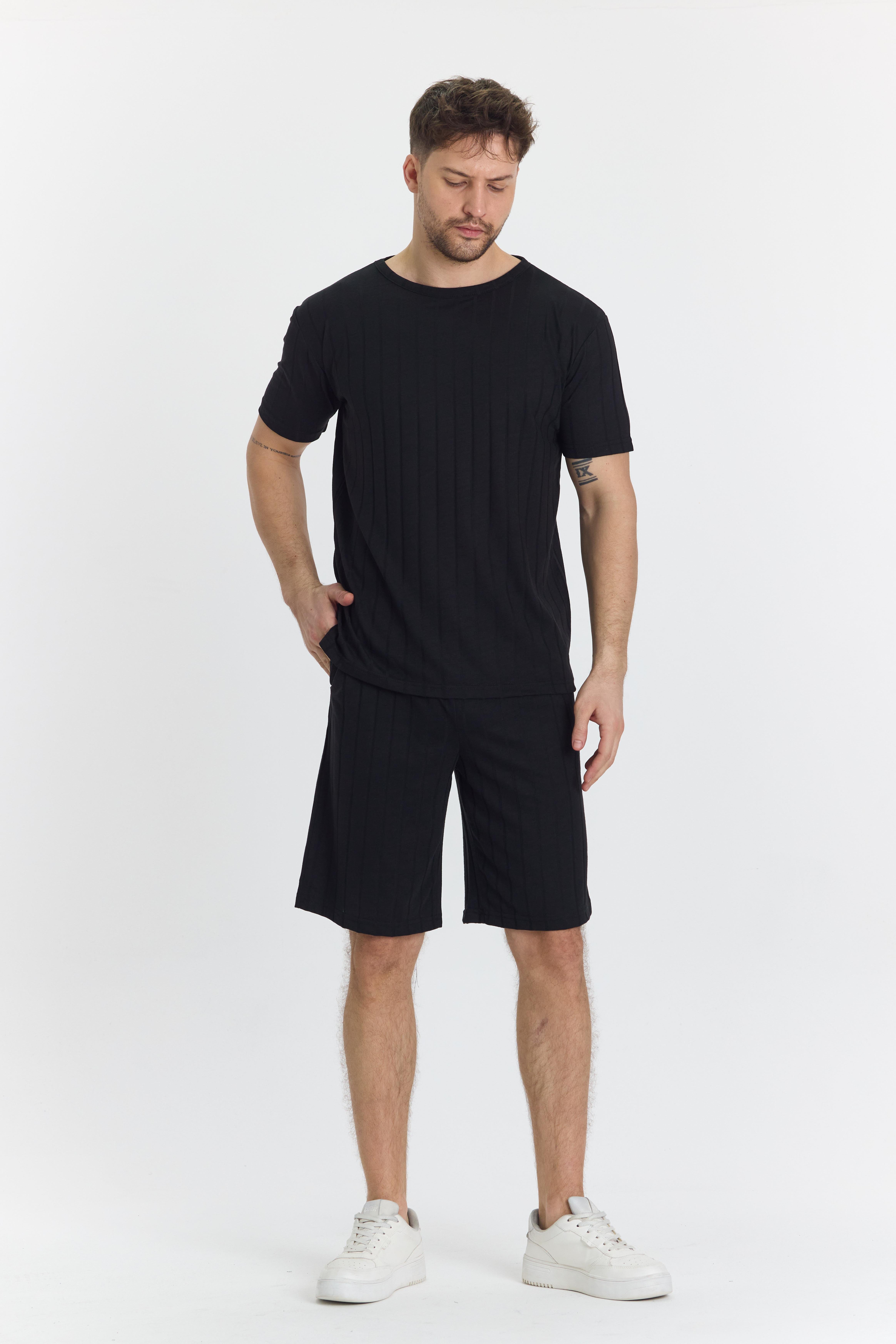 Erkek Çizgli Polycotton T-shirt Şort İkili Takım Siyah 5734-S