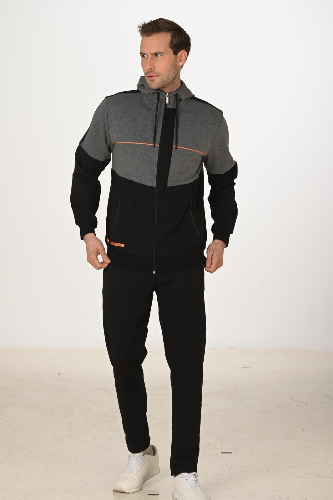 Erkek Pamuklu Tam Fermuarlı Kapüşonlu Eşofman Takımı Siyah 5287-S