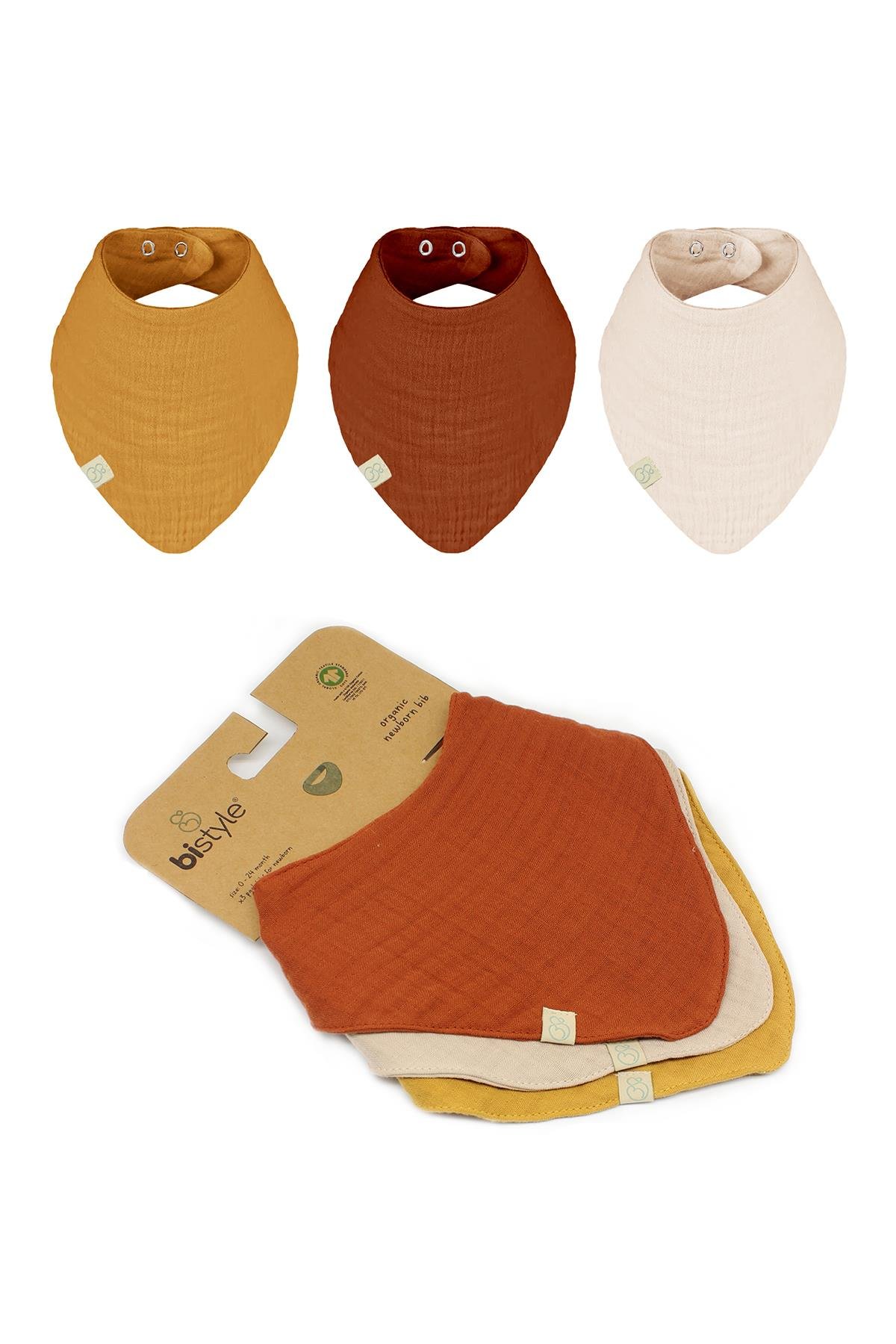 BistilBistil Bistyle Kız Erkek Bebek %100 Organik Pamuk 4 Katlı Çıtçıtlı 3lü Müslin Fular Yakalık Kiremit