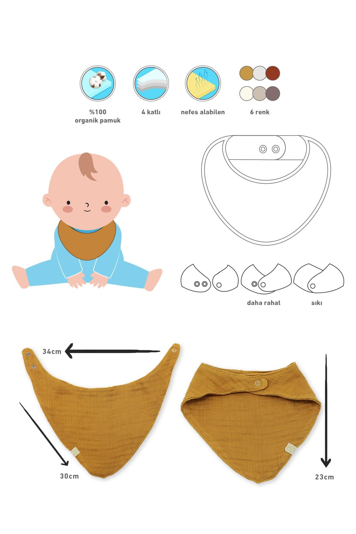BistilBistil Bistyle Kız Erkek Bebek %100 Organik Pamuk 4 Katlı Çıtçıtlı 3lü Müslin Fular Yakalık Kiremit