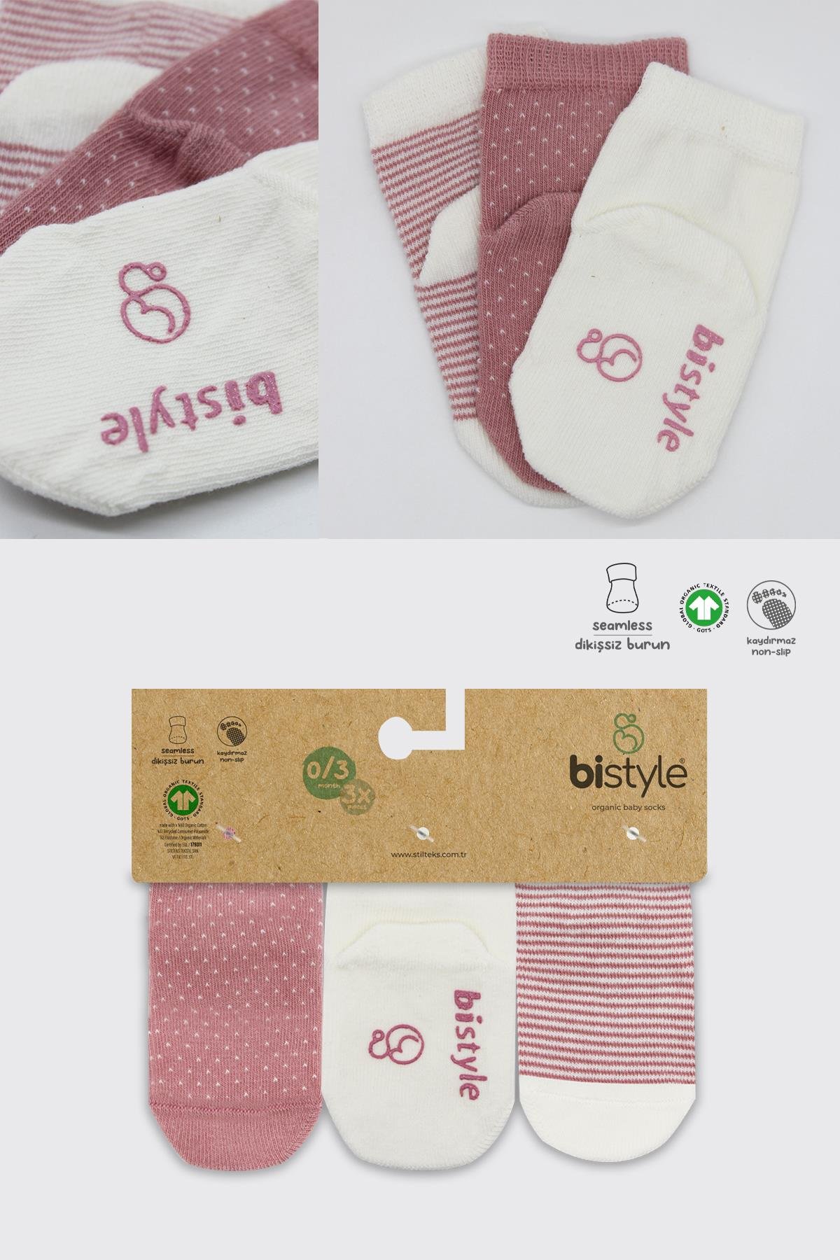 ÇORAPBistilBistil Bistyle Organik Dikişsiz 3lü Puanlı Kaymaz Penye Soket Bebek Çorap 0-3 Ay