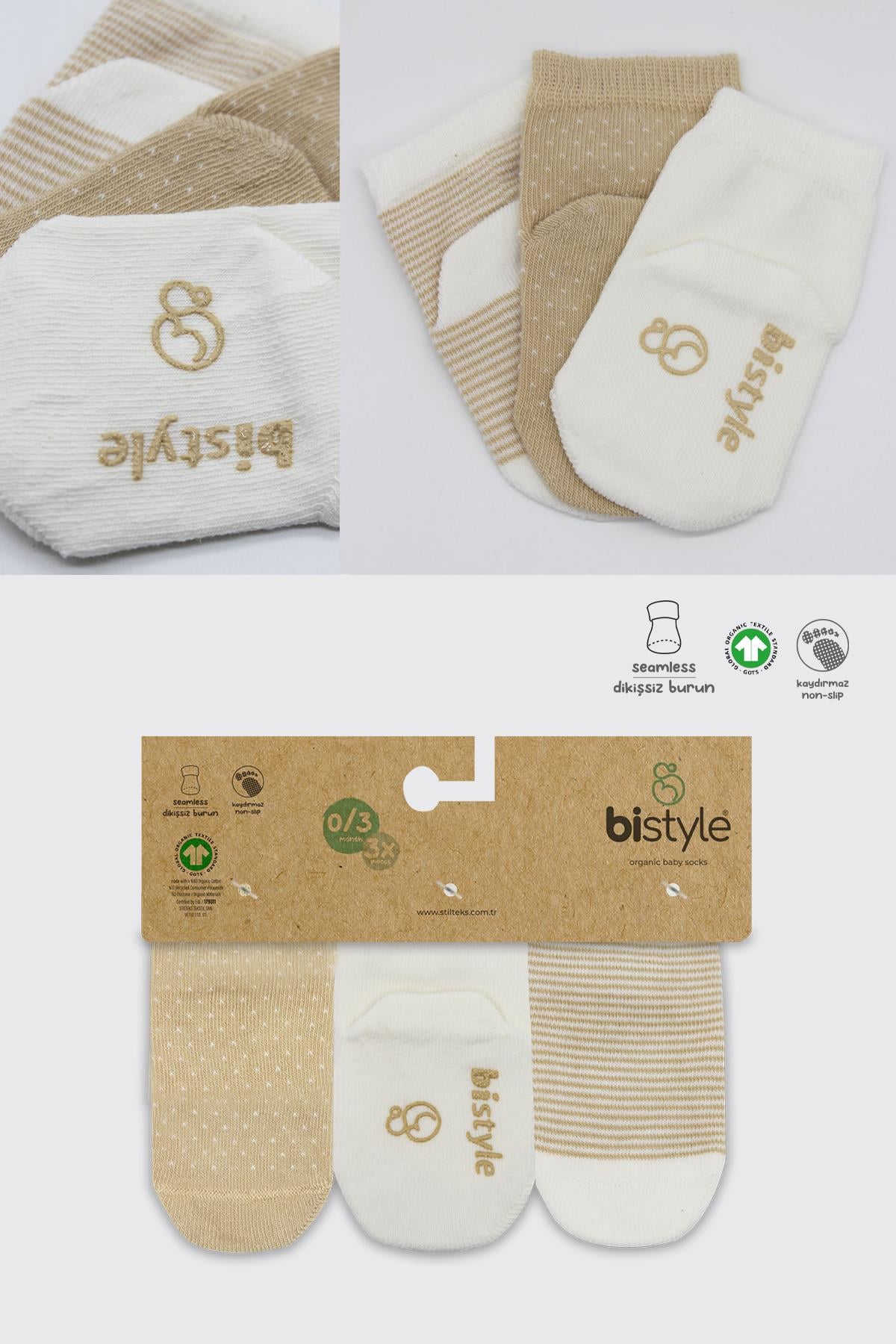 ÇORAPBistilBistil Bistyle Organik Dikişsiz 3lü Puanlı Kaymaz Penye Soket Bebek Çorap 0-3 Ay