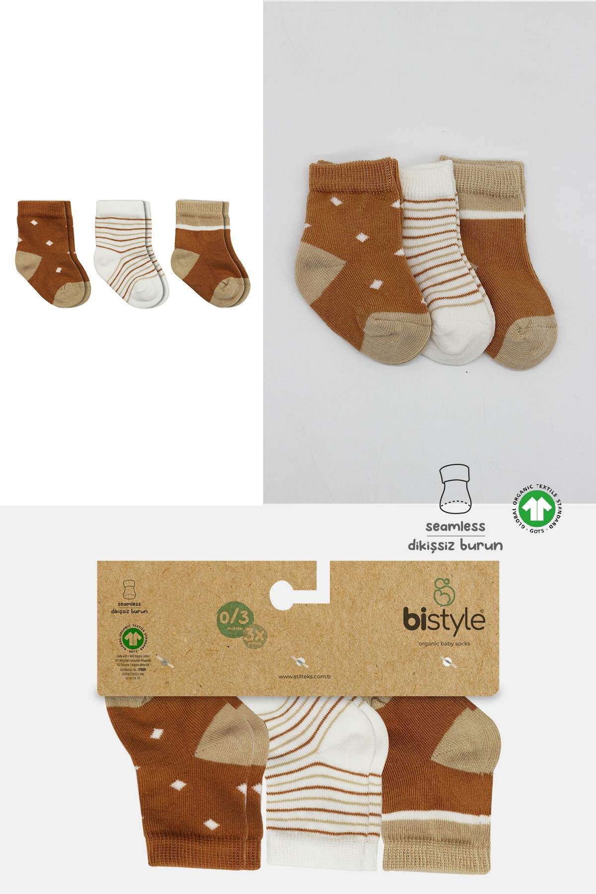 ÇORAPbistilBistil Bistyle Organik Dikişsiz 3lü Puanlı Erkek Penye Soket Bebek Çorap 0-3 Ay