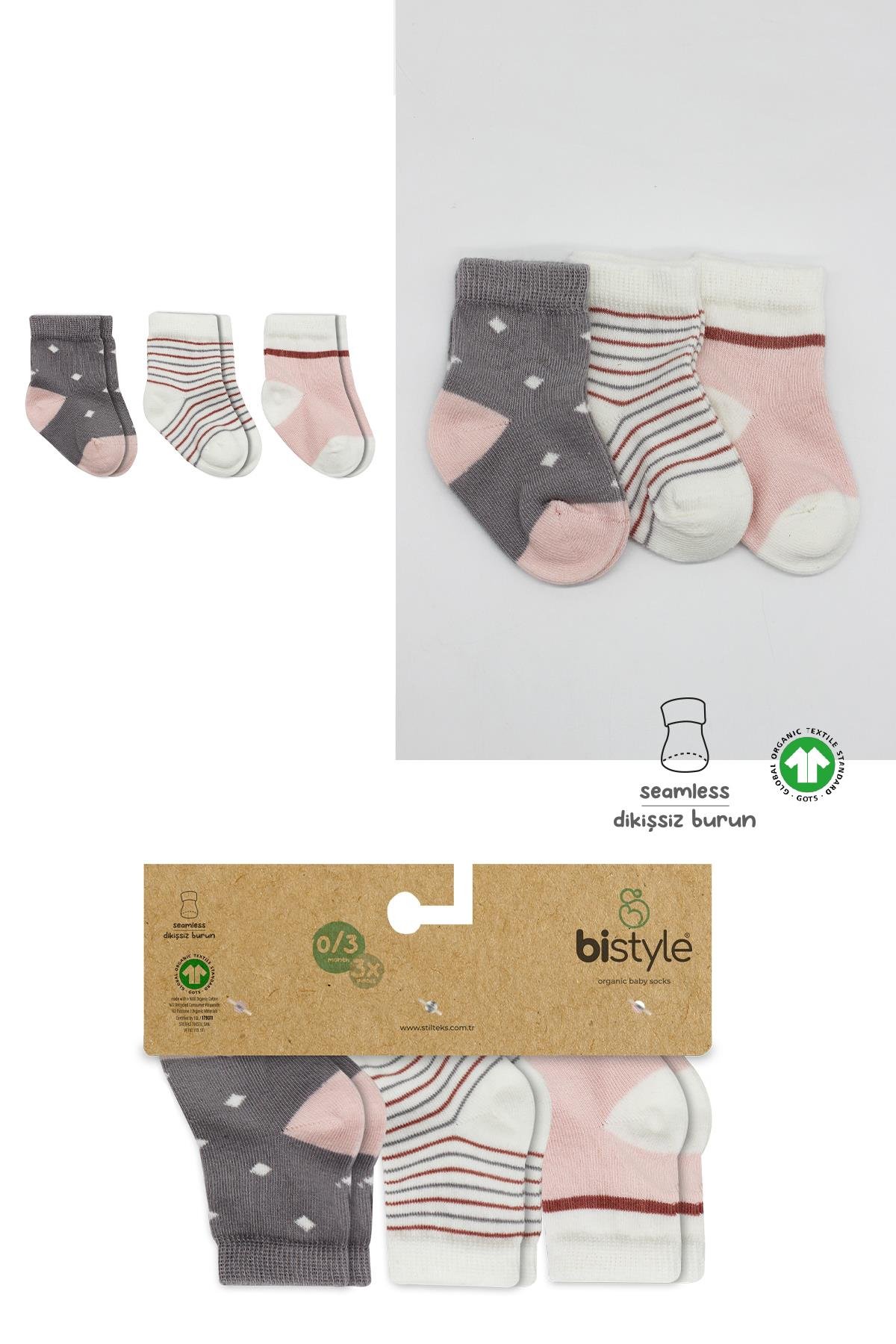 ÇORAPbistilBistil Bistyle Organik Dikişsiz 3lü Puanlı Kız Penye Soket Bebek Çorap 0-3 Ay