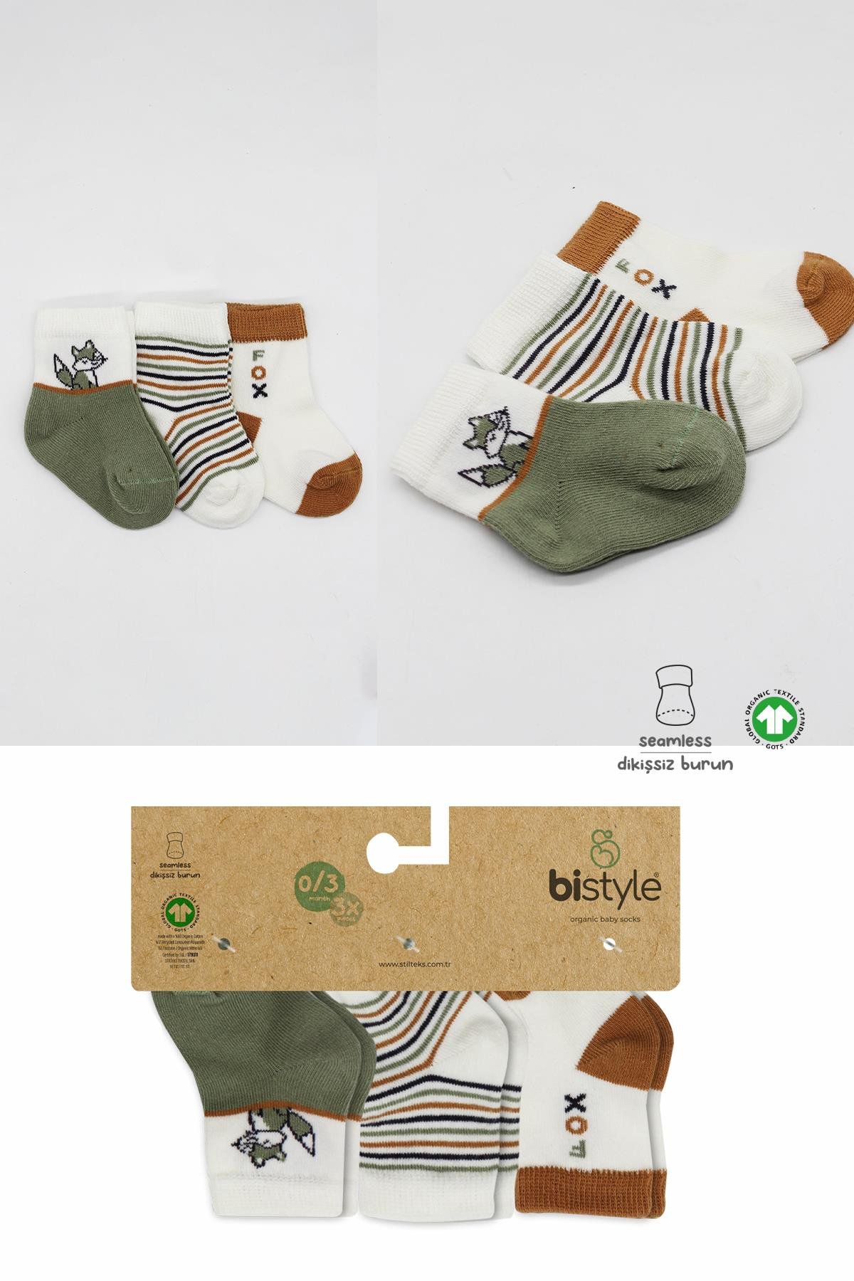 ÇORAPbistilBistil Bistyle Organik Dikişsiz 3lü Fox Penye Soket Bebek Çorap 0-3 Ay