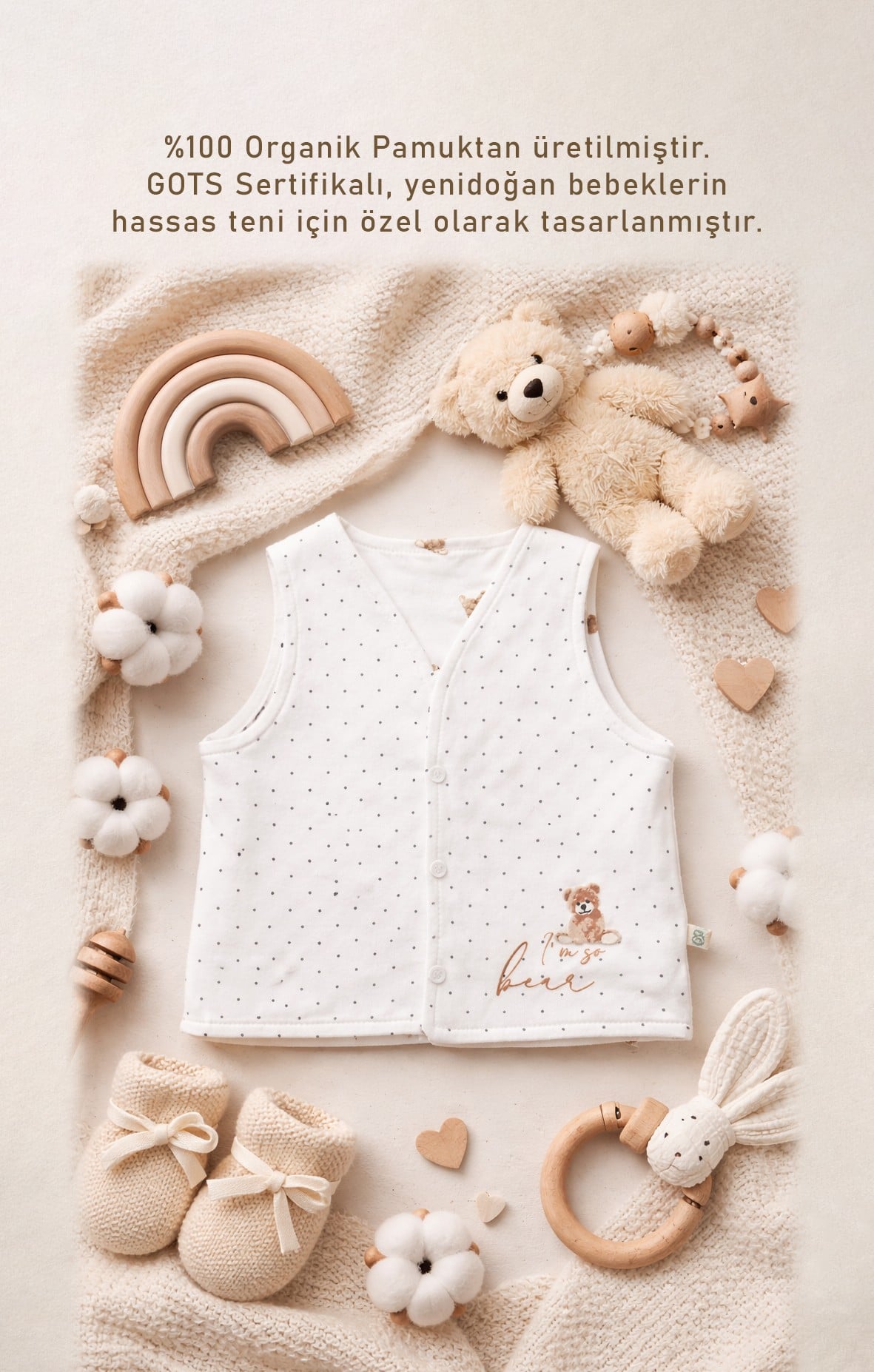 YelekBistyleBistyle %100 Organik Pamuk Çift Taraflı Bebek Yelek Yenidoğan / So Bear Kız Erkek Unisex Bebek