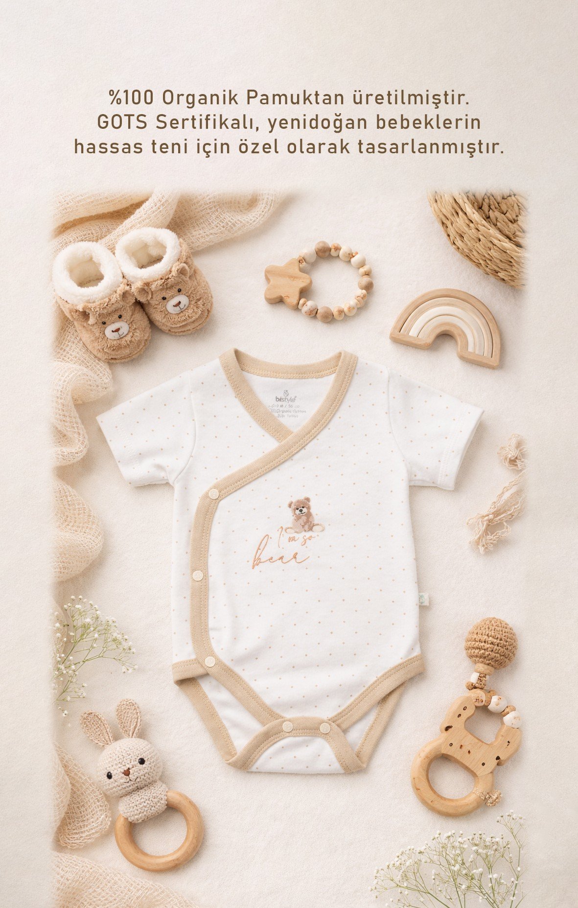 Body & ZıbınBistyleBistyle %100 Organik Pamuk Kruvaze Body Kısa Kollu Yenidoğan / So Bear Kız Erkek Unisex Bebek
