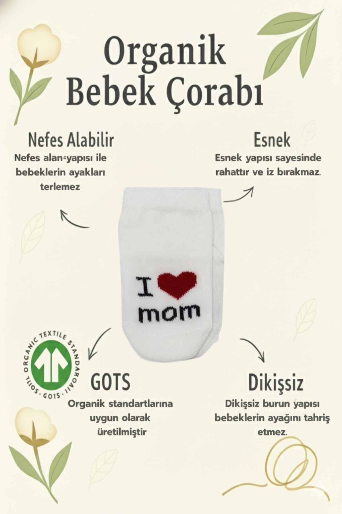 Soket ÇorapBistyleBistyle 3 Çift Organik Pamuk Bebek Çorap / Dikişsiz Mom Dad Penye Soket Kutulu / Yenidoğan Kız Erkek Çocuk Çorap (Ekru)