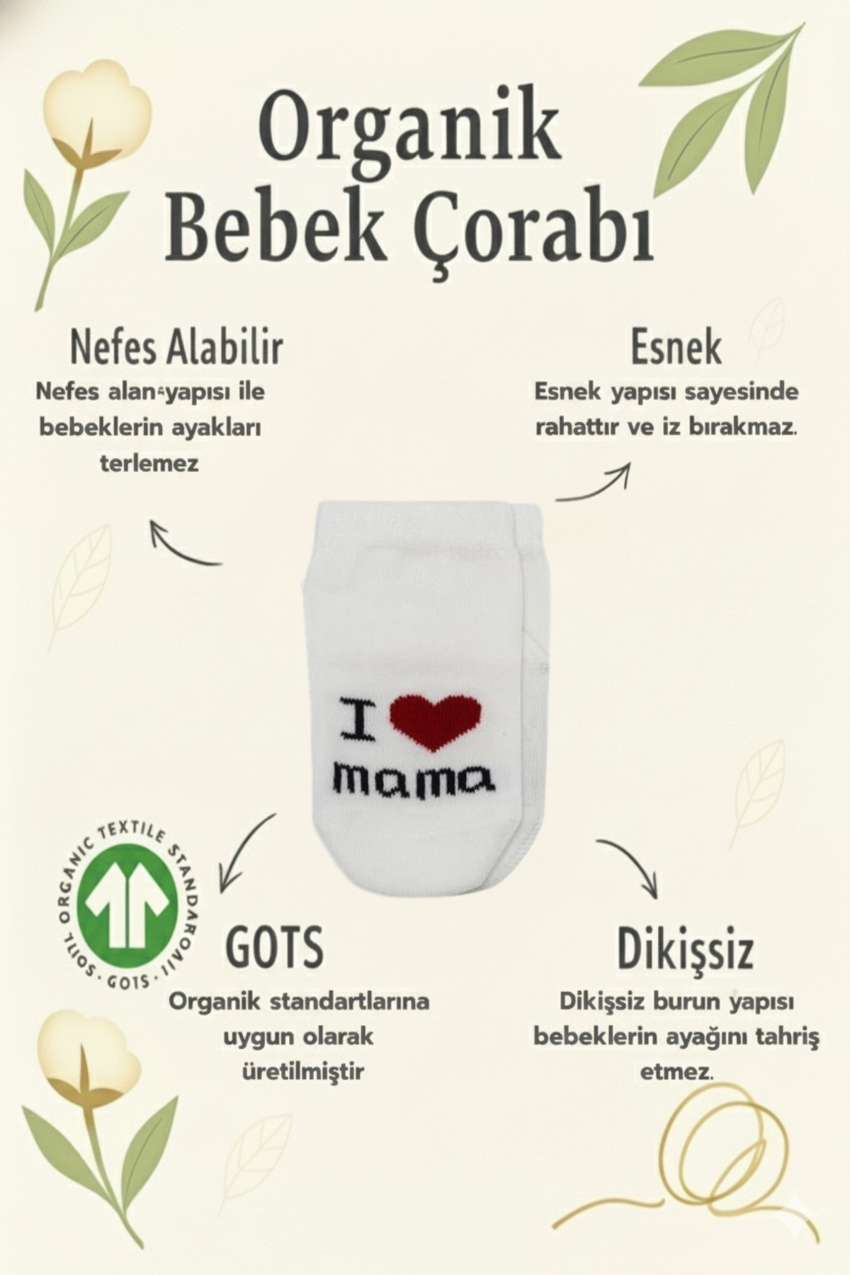 Soket ÇorapBistyleBistyle 3 Çift Organik Pamuk Bebek Çorap / Dikişsiz Mama Papa Penye Soket Kutulu / Yenidoğan Kız Erkek Çocuk Çorap (Ekru)