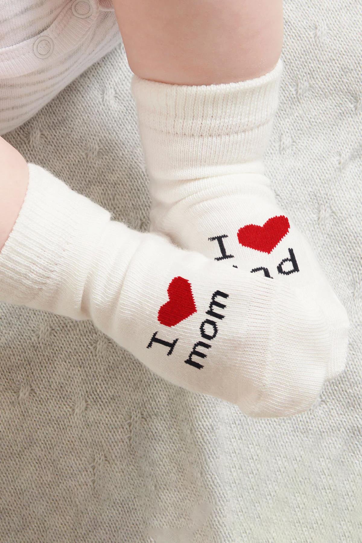 ÇORAPBistyleBistyle Organik Bebek 3lü Mom Dad Desenli Soket Çorap 0-3 Ay
