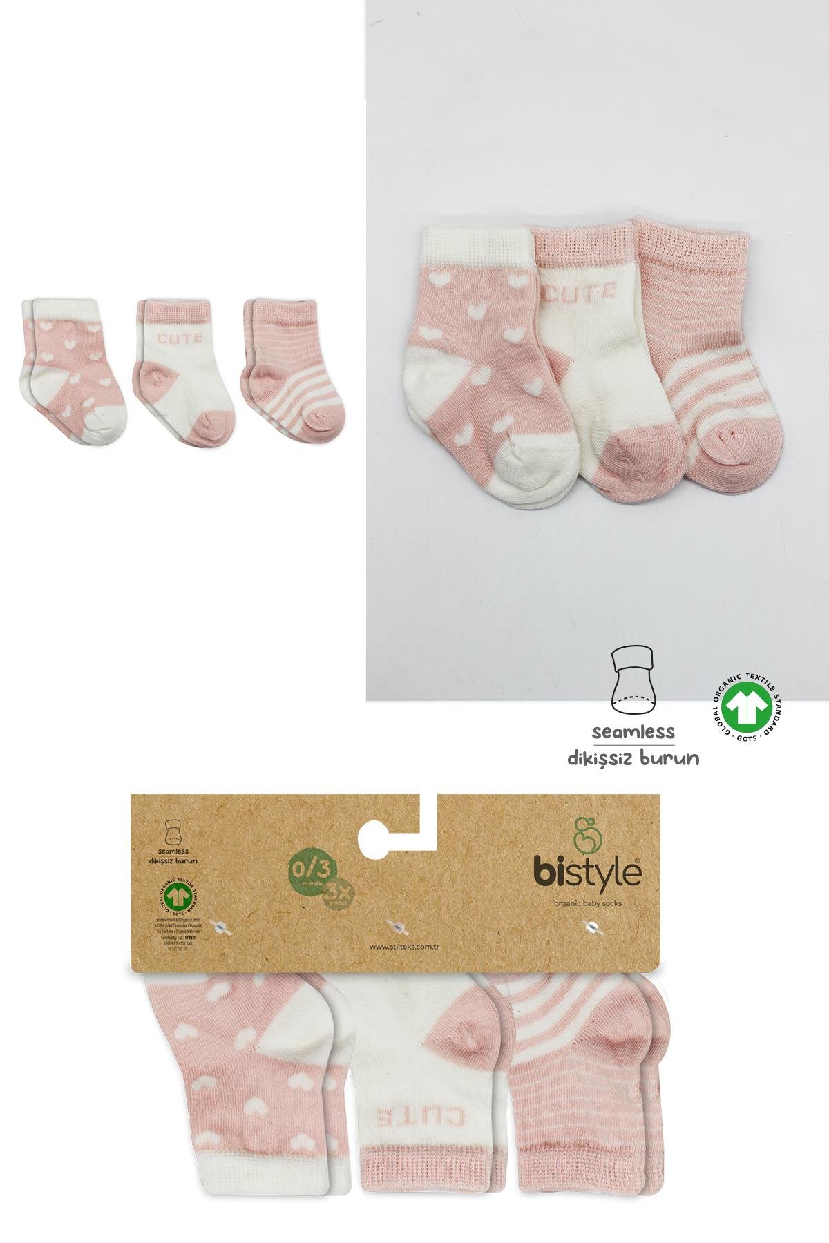 ÇORAPBistyleBistyle Organik Dikişsiz 3lü Cute Stars Penye Soket Bebek Çorap 0-3 Ay