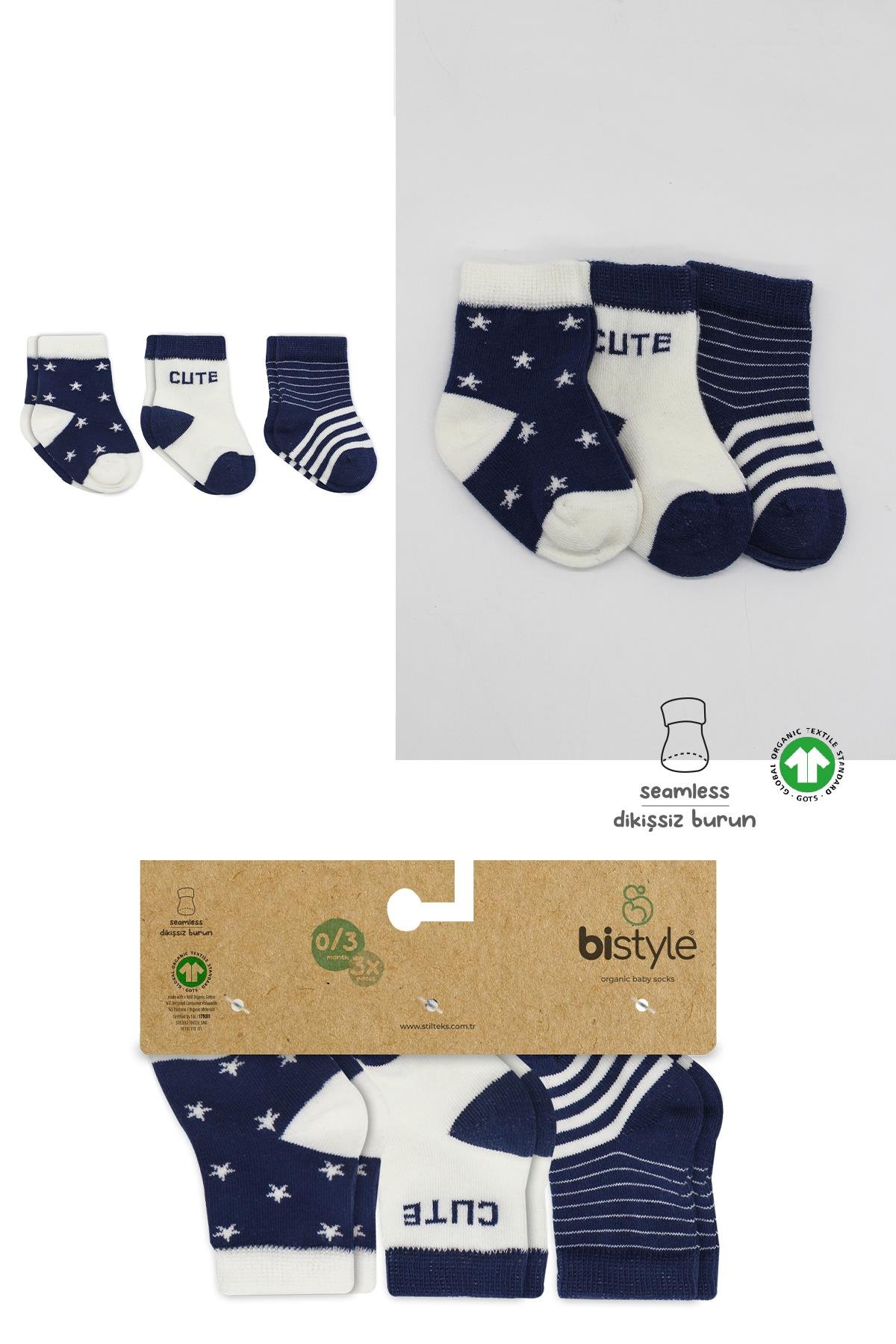 ÇORAPBistyleBistyle Organik Dikişsiz 3lü Cute Stars Penye Soket Bebek Çorap 0-3 Ay