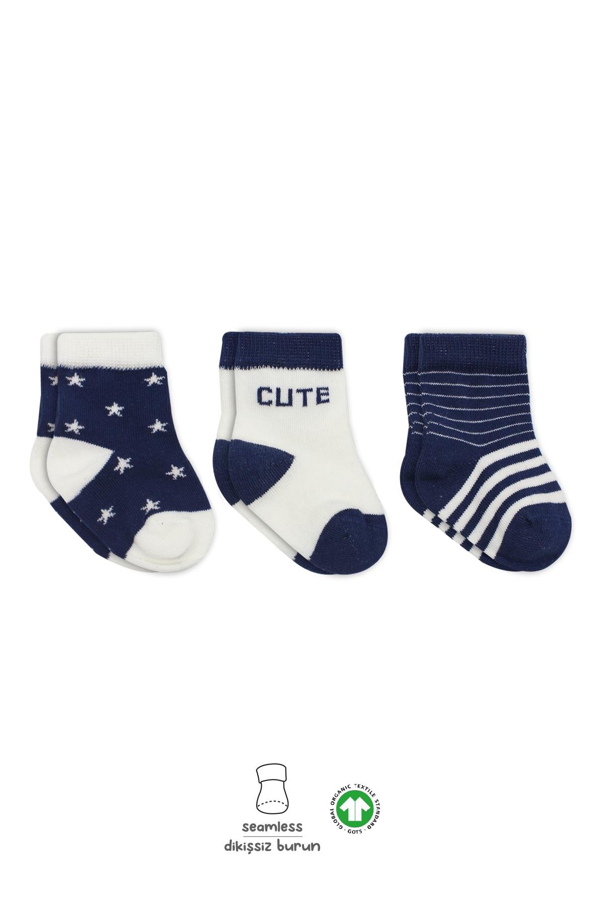 ÇORAPBistyleBistyle Organik Dikişsiz 3lü Cute Stars Penye Soket Bebek Çorap 0-3 Ay