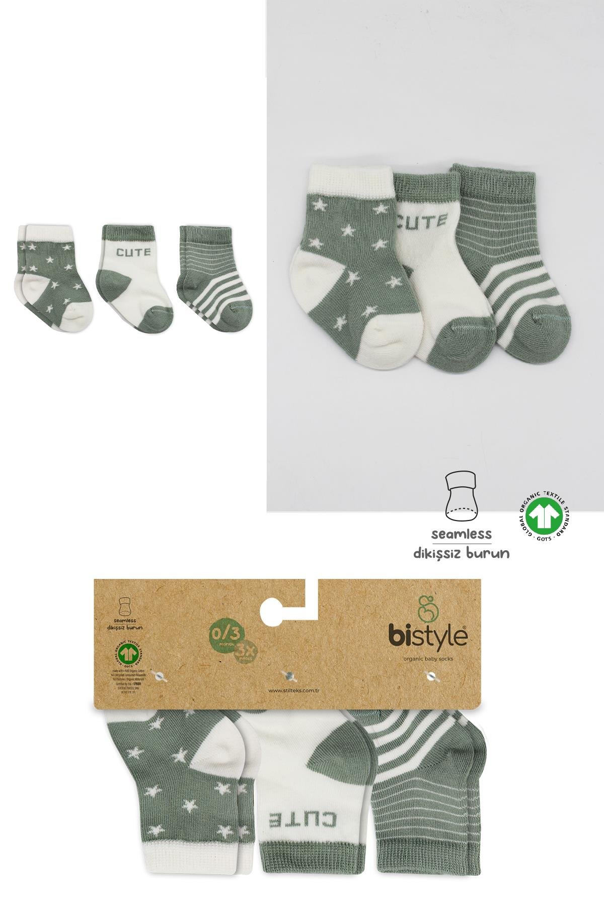 ÇORAPBistyleBistyle Organik Dikişsiz 3lü Cute Stars Penye Soket Bebek Çorap 0-3 Ay