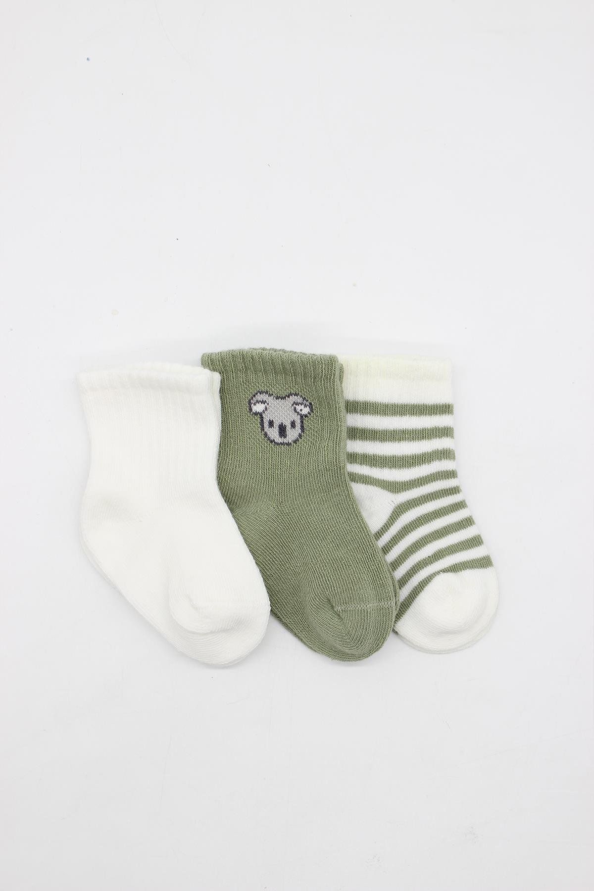 Soket ÇorapBistyleBistyle Organik Dikişsiz 3lü Koala Boy Penye Soket Bebek Çorap 0-3 Ay