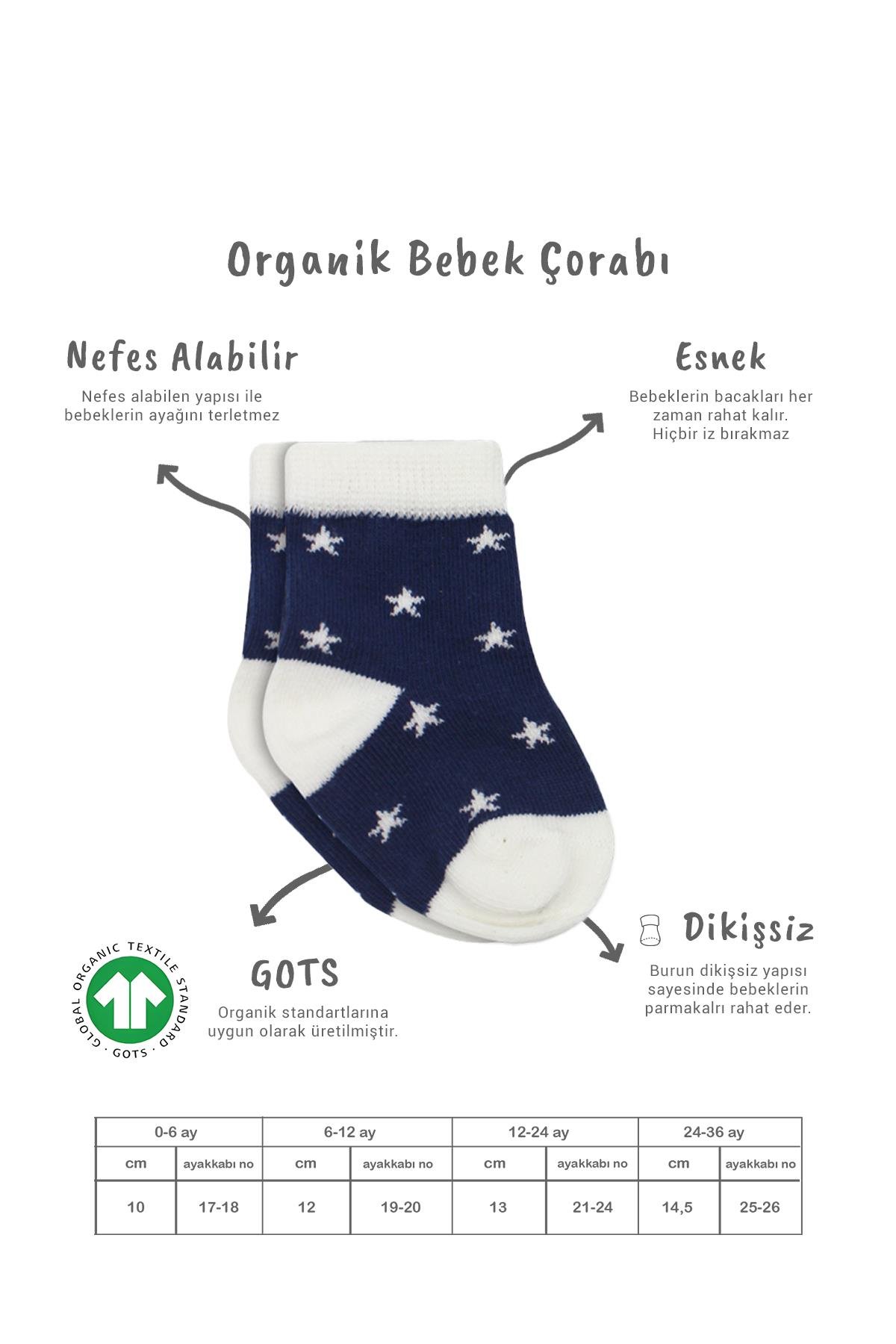 Soket ÇorapBistyleBistyle Organik Dikişsiz 3lü Cute Stars Penye Soket Bebek Çorap 0-3 Ay