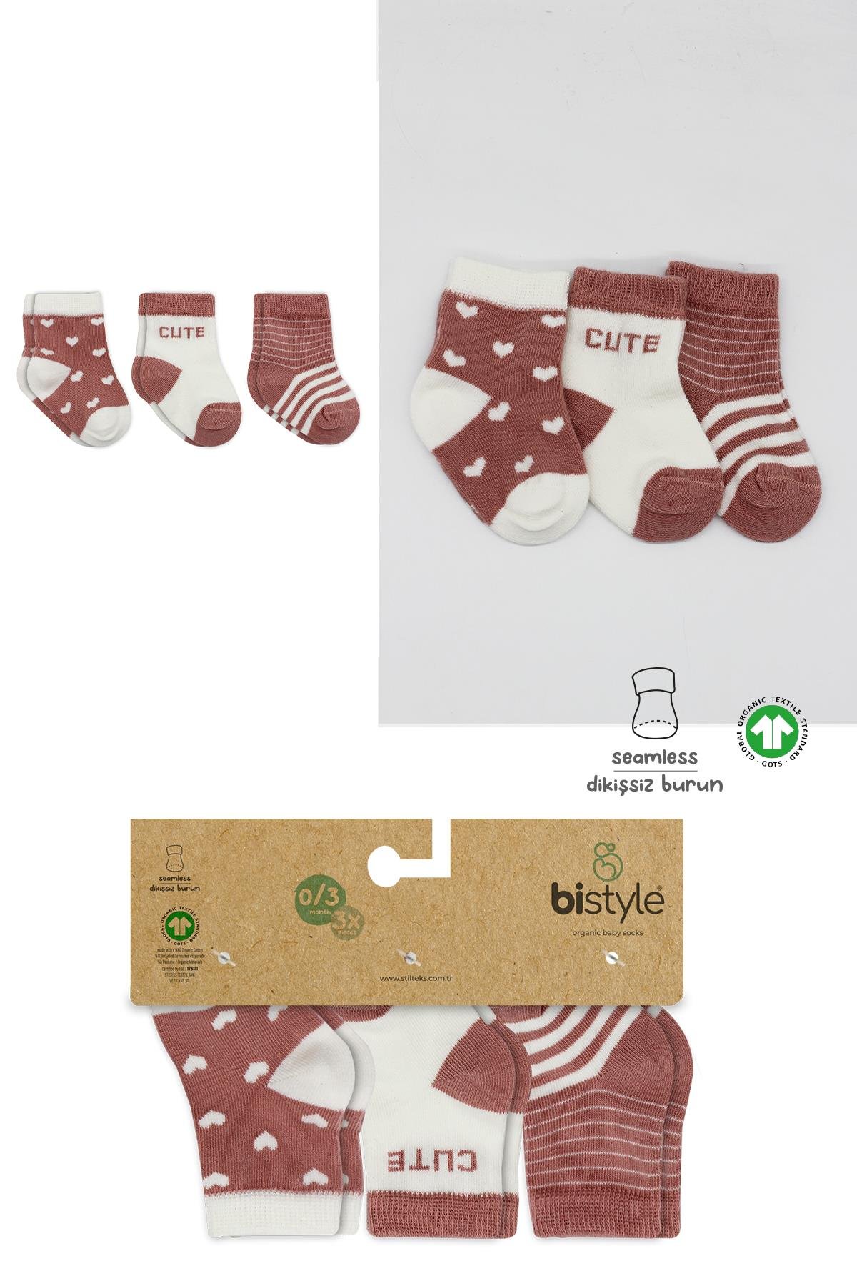 ÇORAPBistyleBistyle Organik Dikişsiz 3lü Cute Stars Penye Soket Bebek Çorap 0-3 Ay