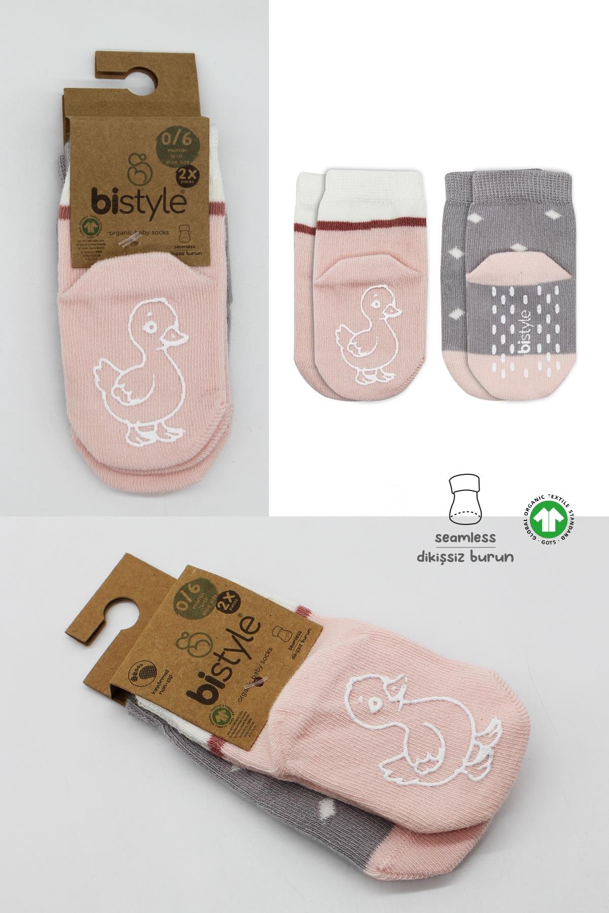 ÇORAPBistyleBistyle Organik Kız Bebek Çocuk 2li Hayvan Figürlü Kaymaz Penye Soket Çorap