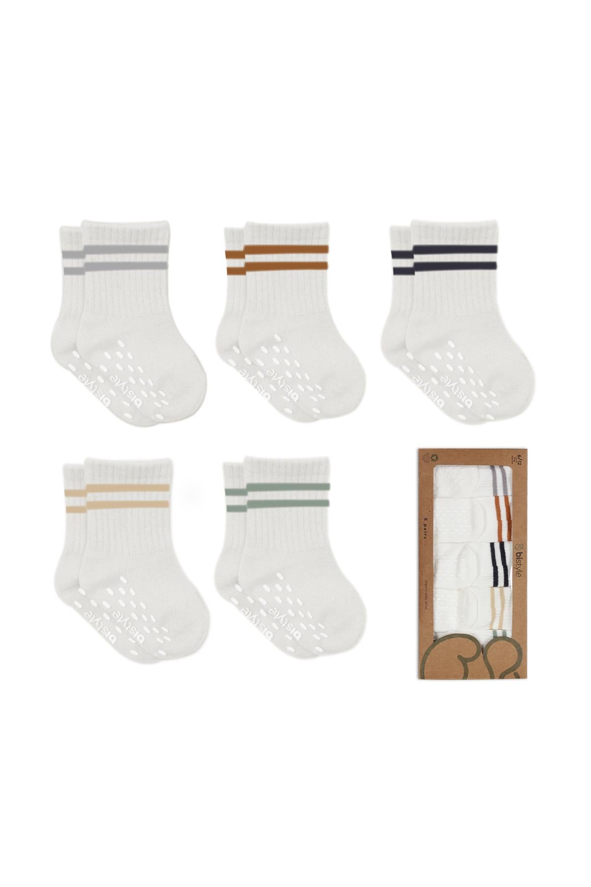 Soket ÇorapBistyleBistyle Organik Kız Erkek Bebek Çocuk 5li Çemberli Kaymaz Penye Soket Kutulu