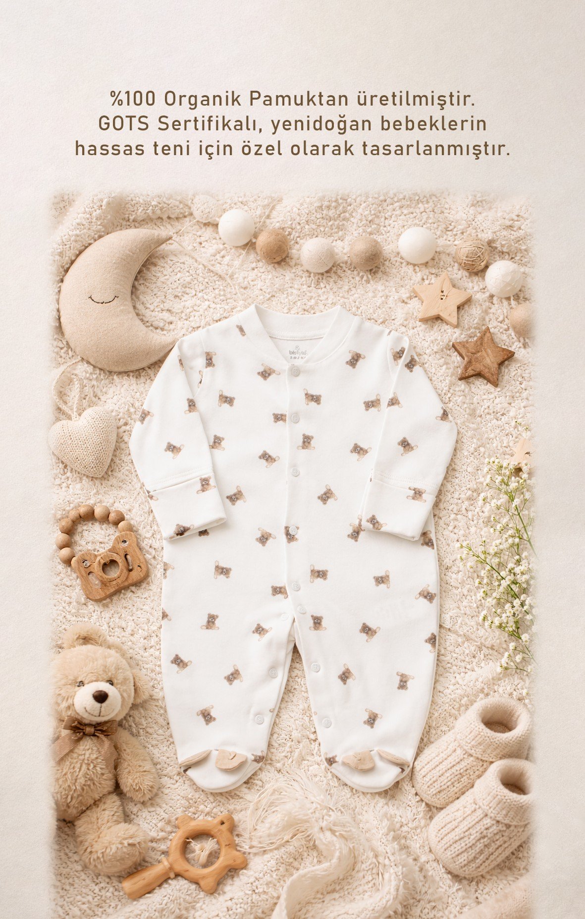TulumBistyleBistyle Yenidoğan %100 Organik Pamuk Patikli Tulum / So Bear Kız Erkek Unisex Bebek Tulum