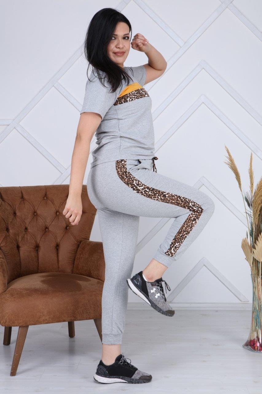 Büyük Beden Kısa Kollu Leopar Detaylı  Eşofman Takımı 8980