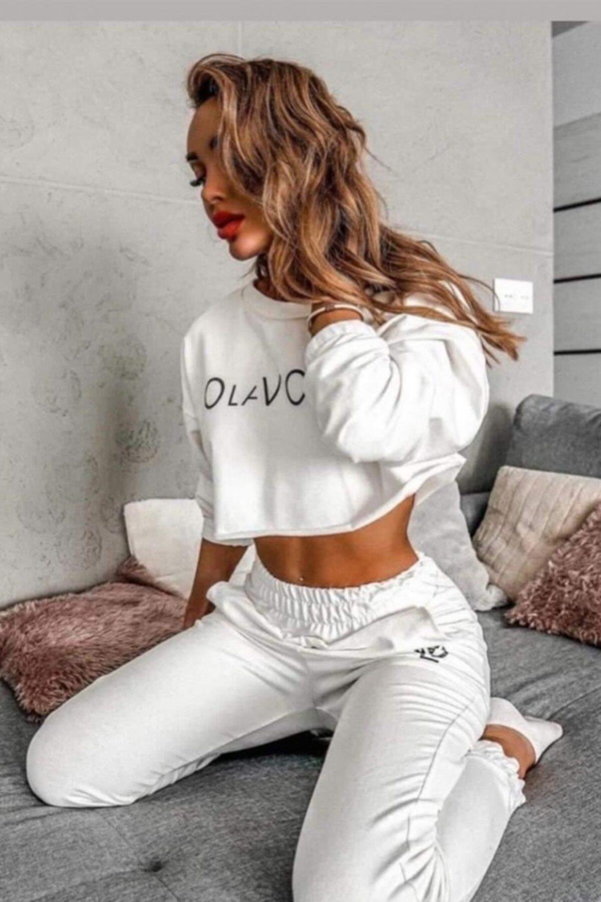 Crop Önü Baskılı Paçası Lastikli Eşofman Takımı 8871