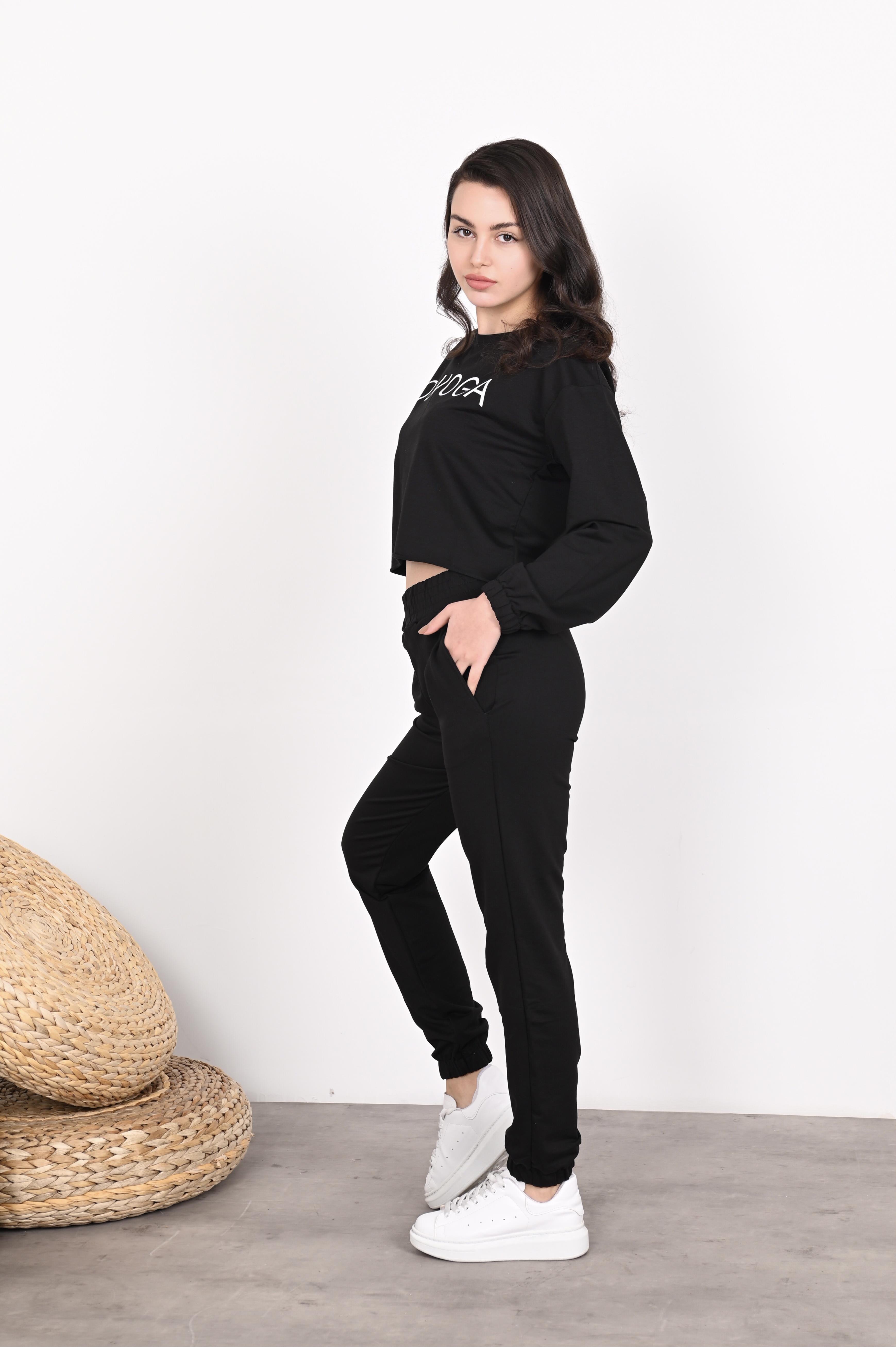 Crop Önü Baskılı Paçası Lastikli Eşofman Takımı 8871