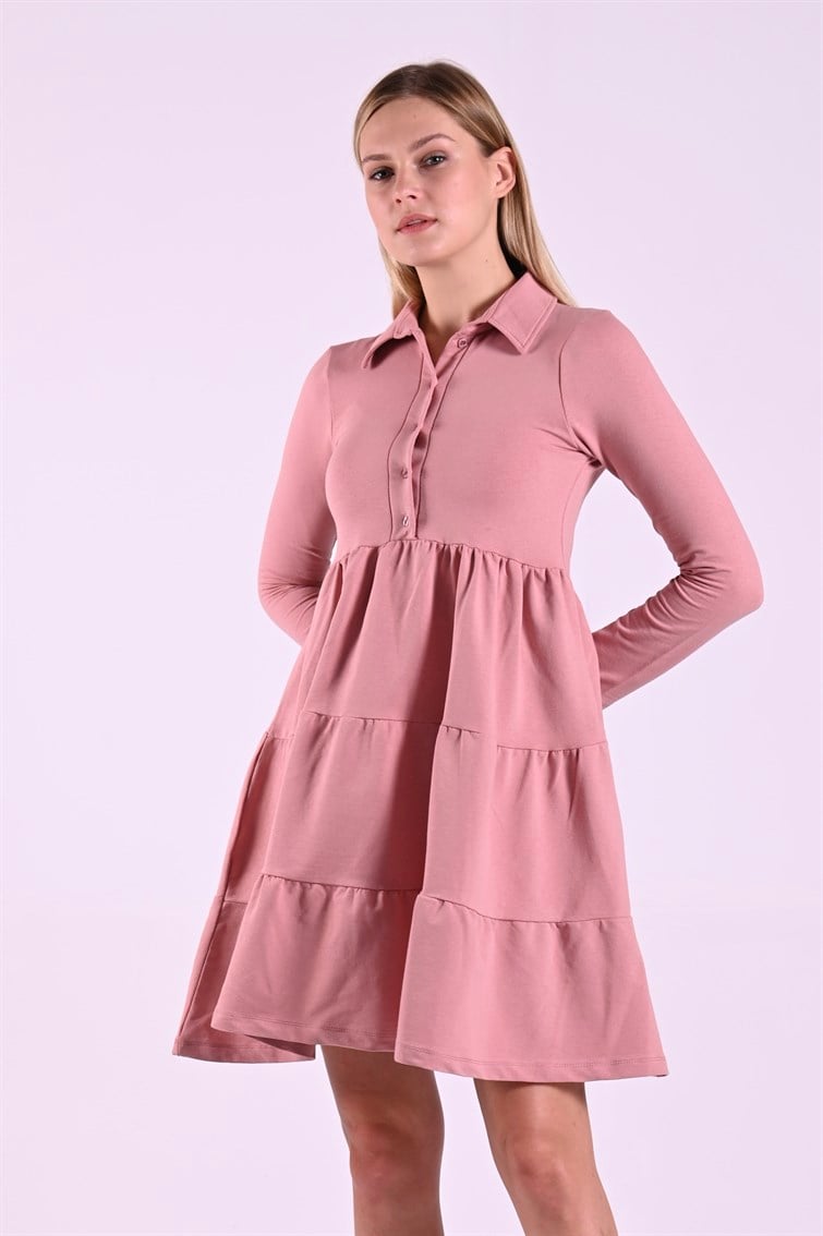 Düğme Detaylı Pembe Elbise