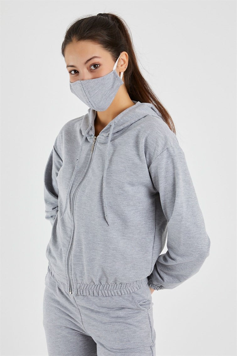 Fermuarlı Beli Kolu Paçası Lastikli Kapşonlu Maske Hediyeli Eşofman Takımı Gri