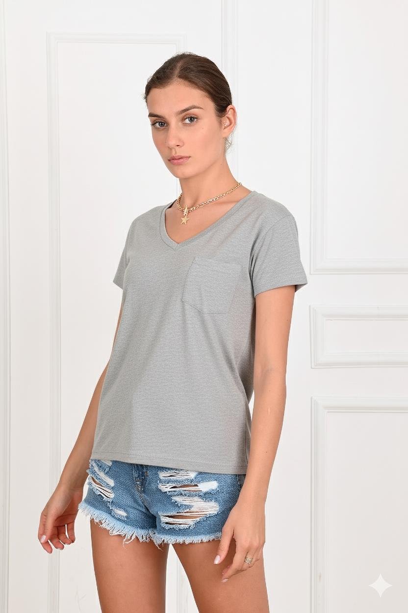 Kadın Basic Cepli Tshirt 8328