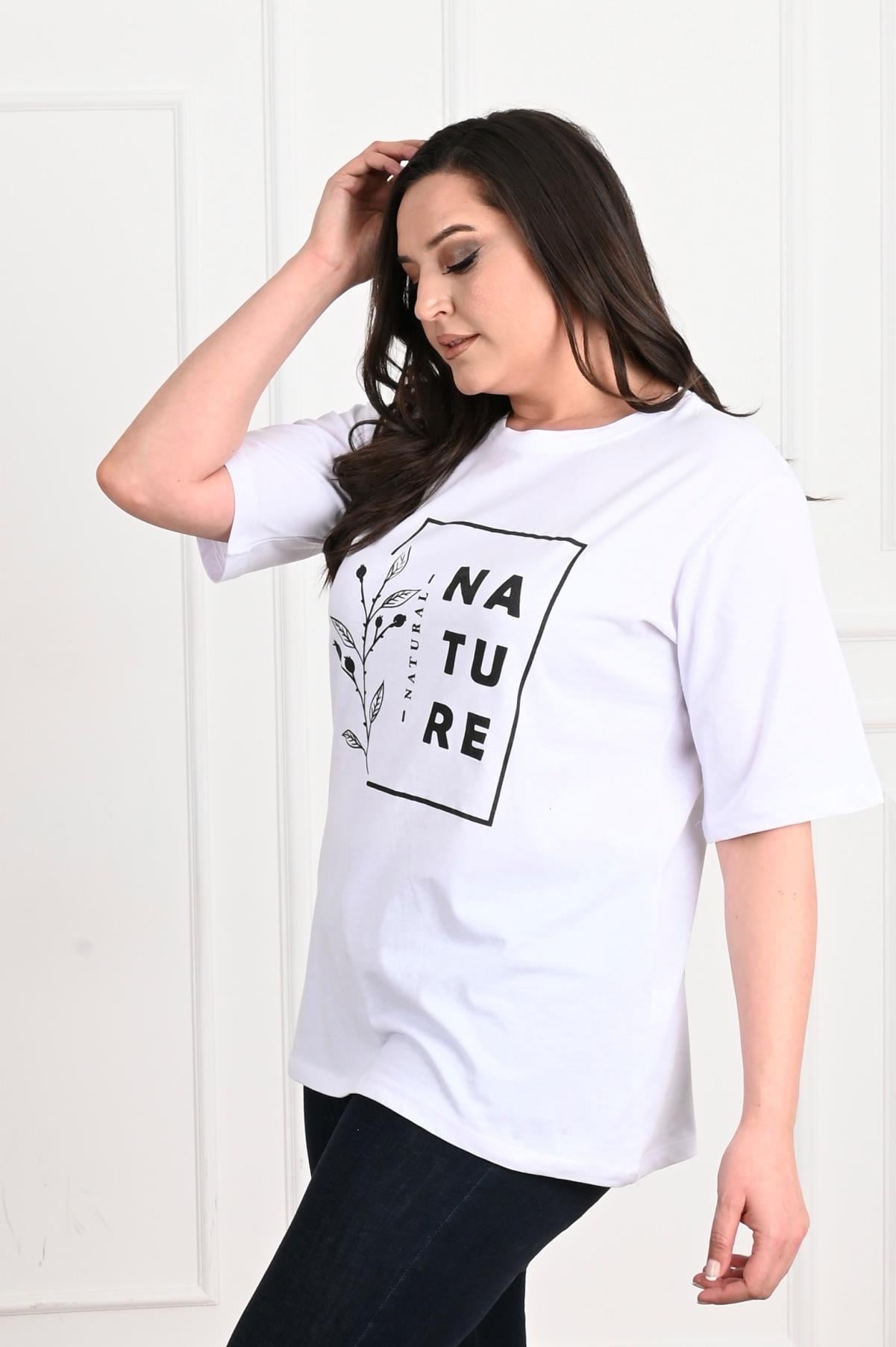 Kadın Bisiklet Yaka Baskılı Büyük Beden T-SHIRT 9902-22