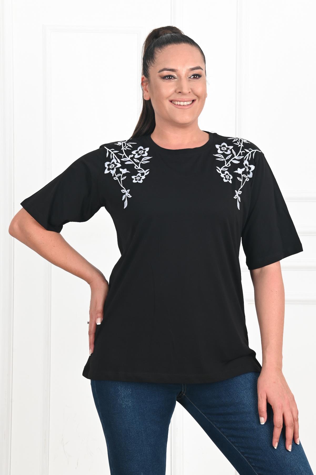 Kadın Bisiklet Yaka Çiçek Desen Büyük Beden T-shirt 1309-22