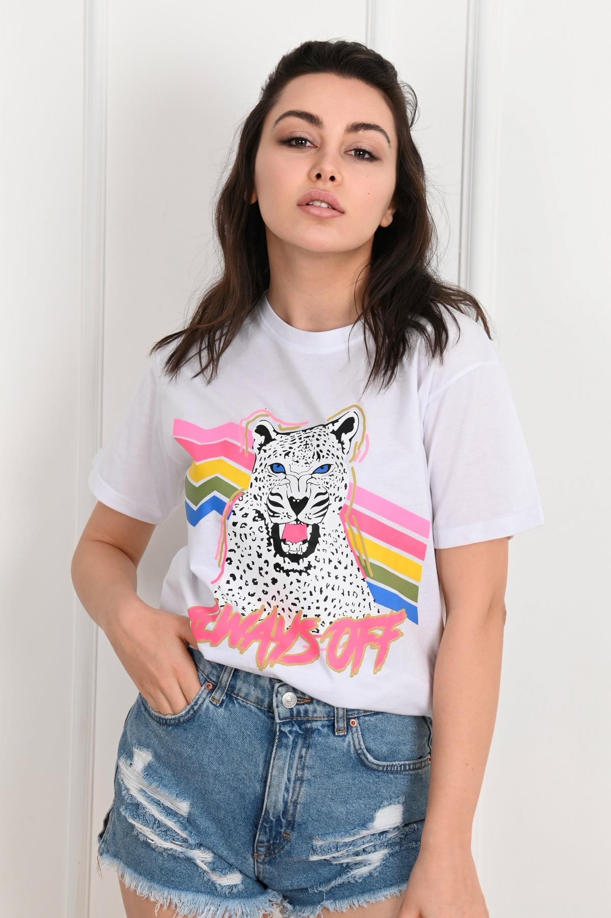 Kadın Bisiklet Yaka Kaplan Baskılı Tshirt 1291-22