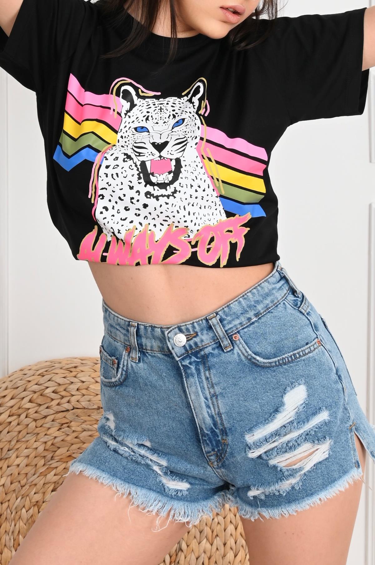 Kadın Bisiklet Yaka Kaplan Baskılı Tshirt 1291-22