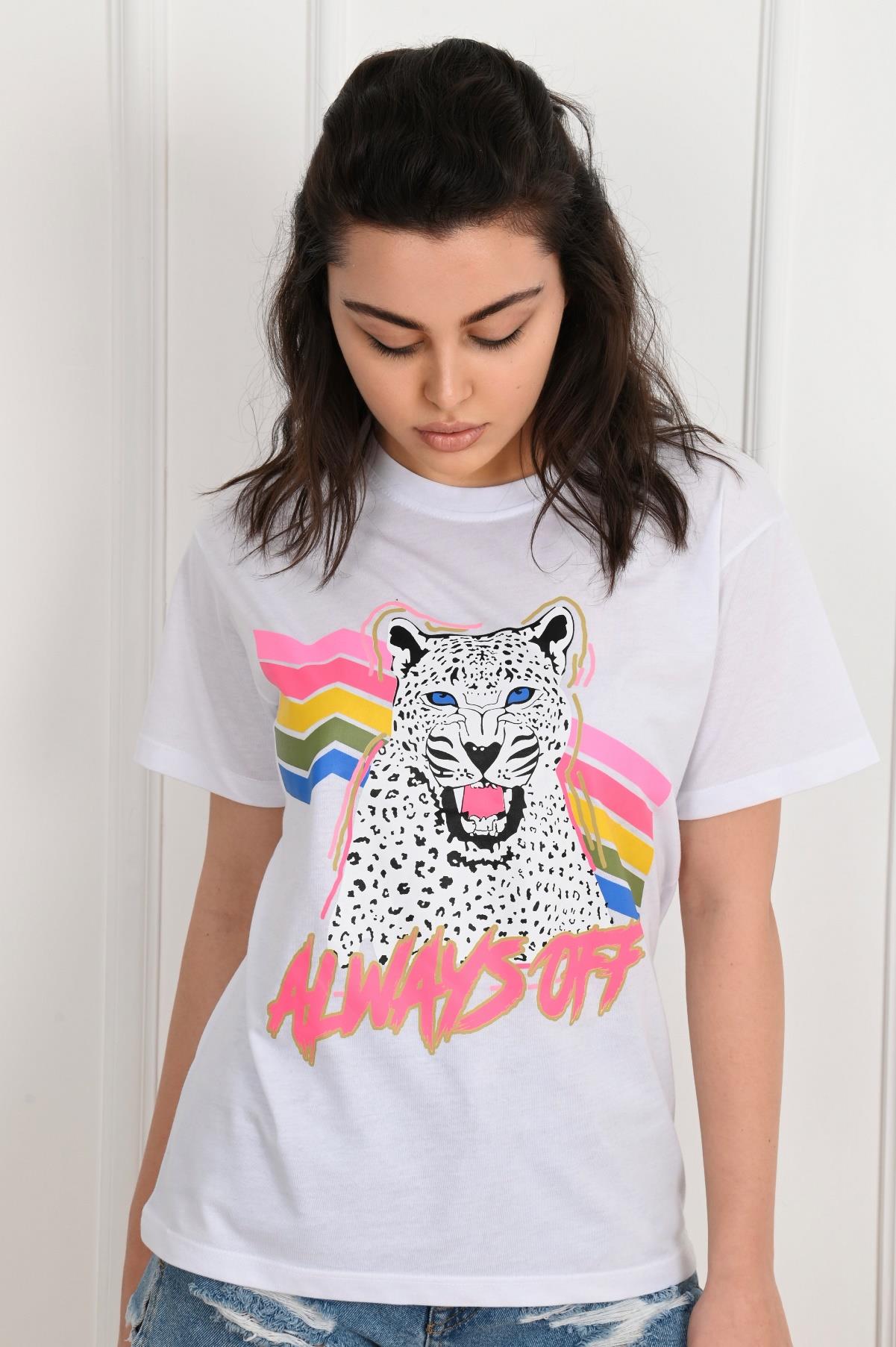 Kadın Bisiklet Yaka Kaplan Baskılı Tshirt 1291-22