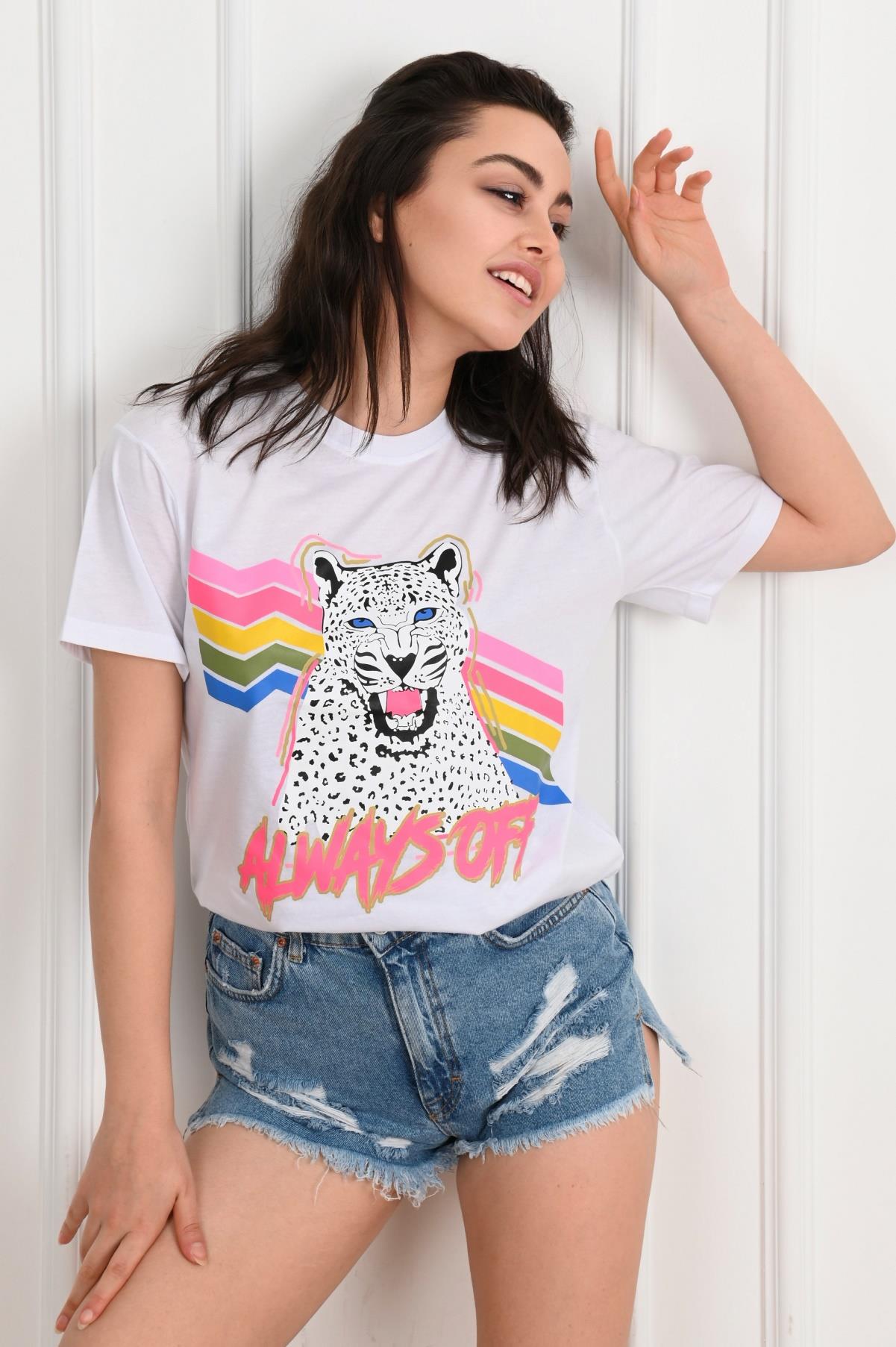 Kadın Bisiklet Yaka Kaplan Baskılı Tshirt 1291-22