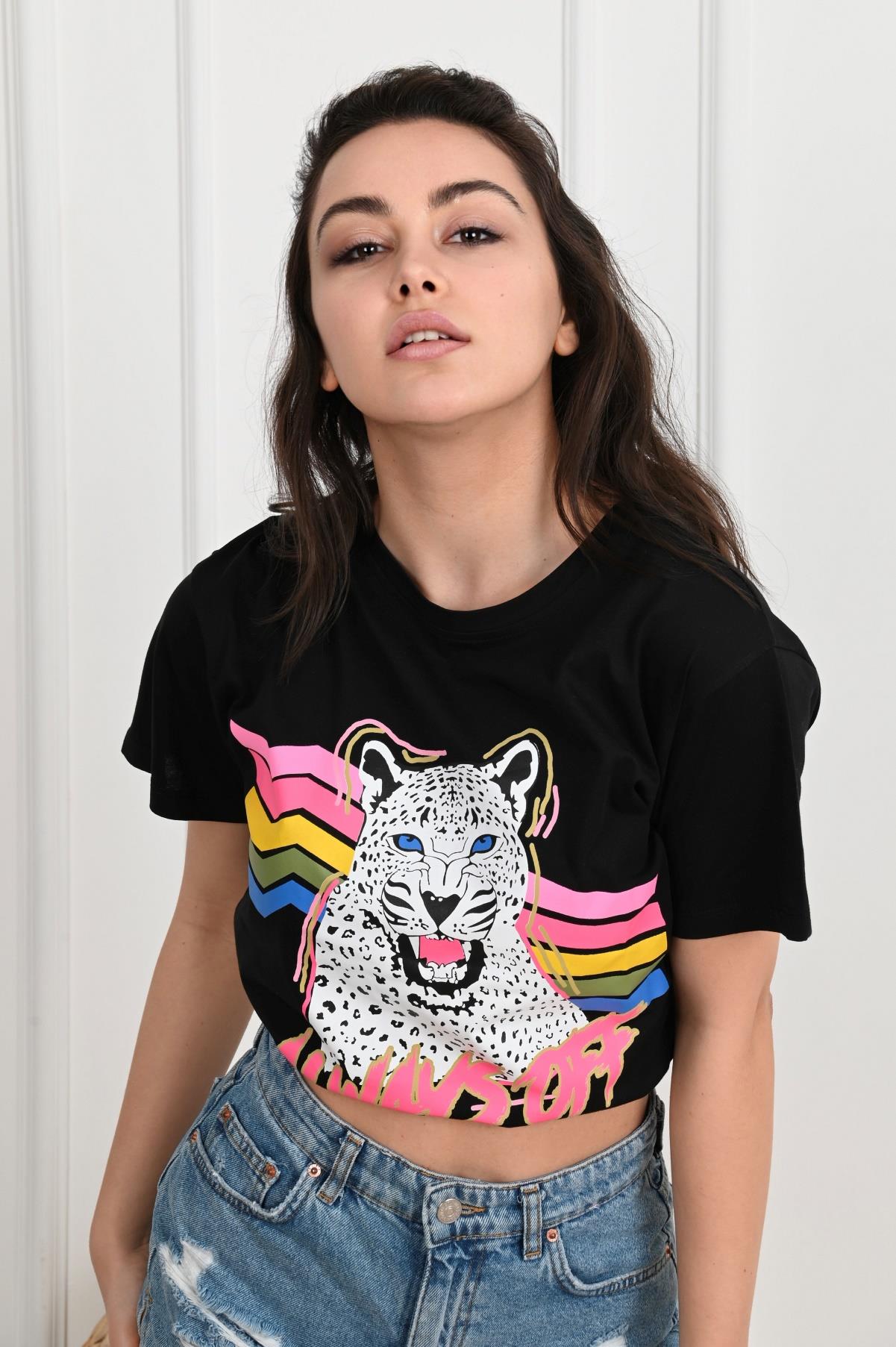 Kadın Bisiklet Yaka Kaplan Baskılı Tshirt 1291-22