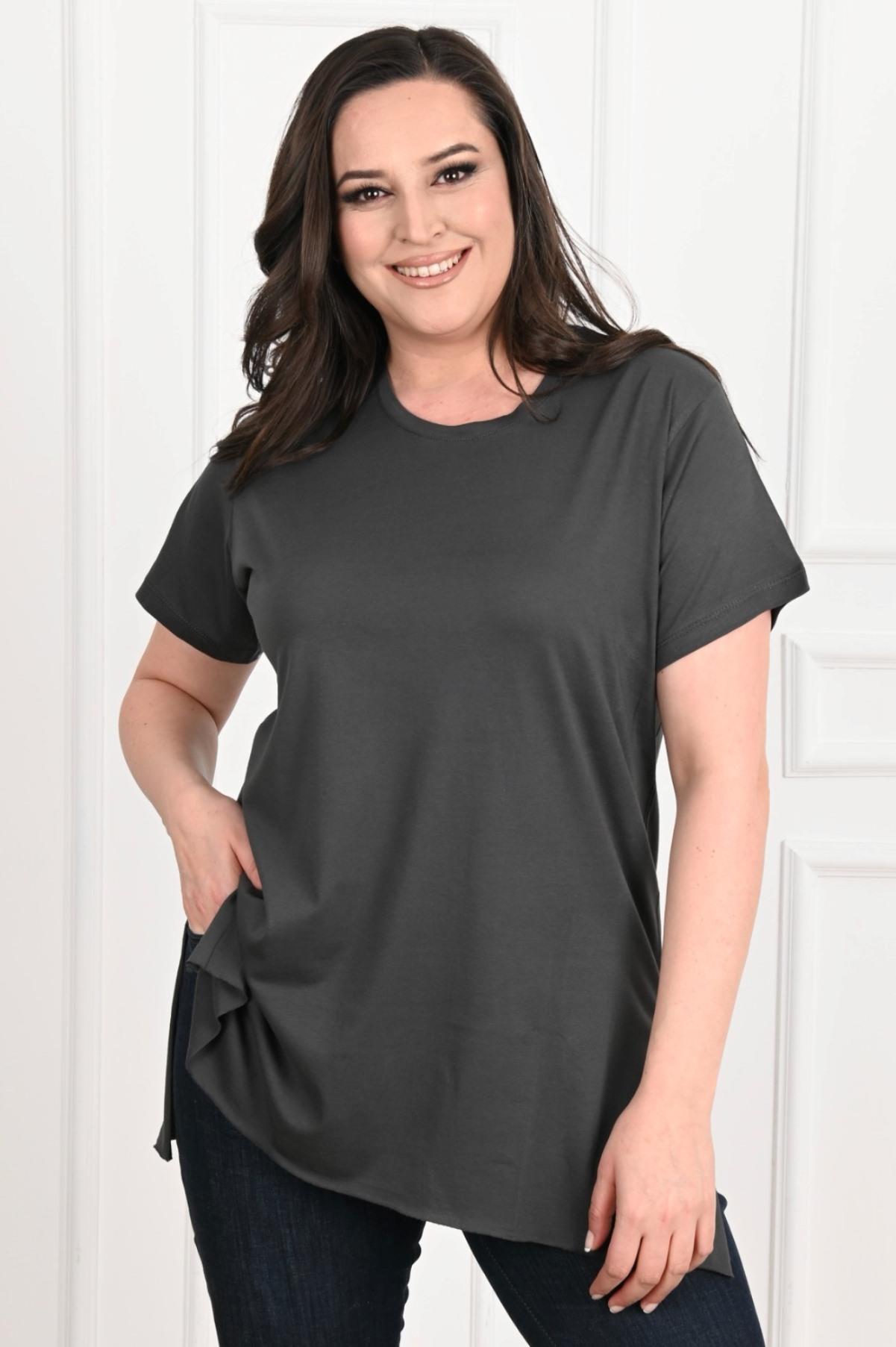 Kadın Bisiklet Yaka Yırtmaç Detaylı Büyük Beden Tshirt 9633-22