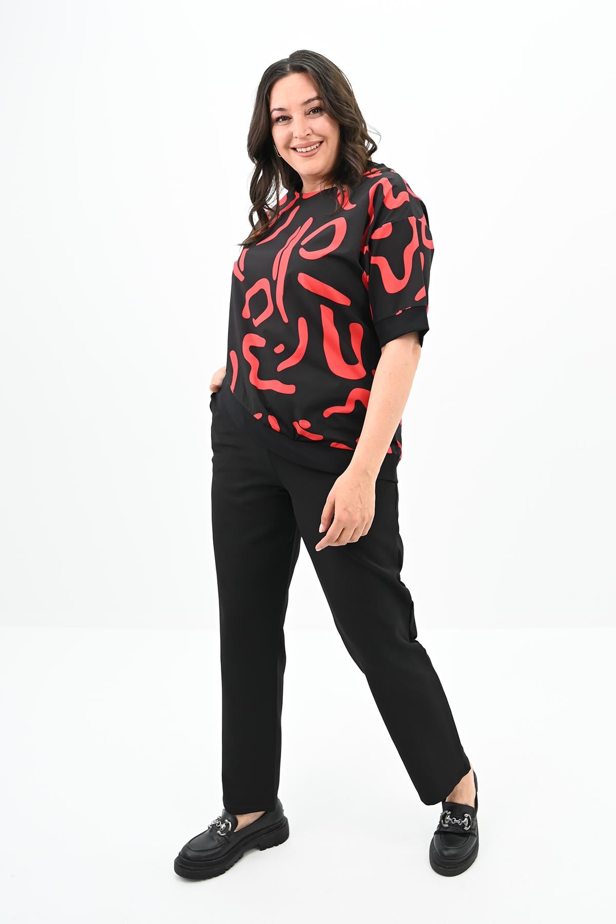 Kadın Büyük Beden Desen Baskılı T-shirt Takım 8110-24