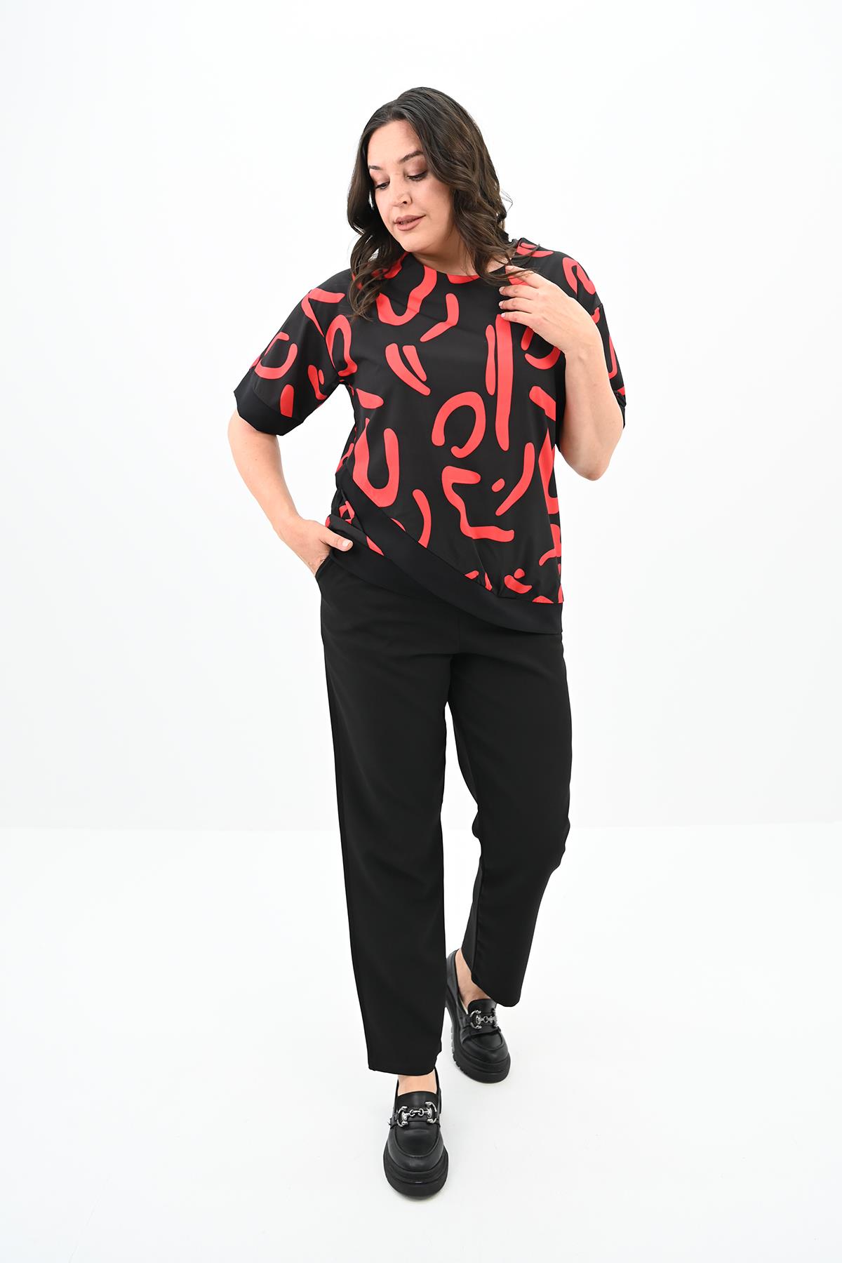Kadın Büyük Beden Desen Baskılı T-shirt Takım 8110-24