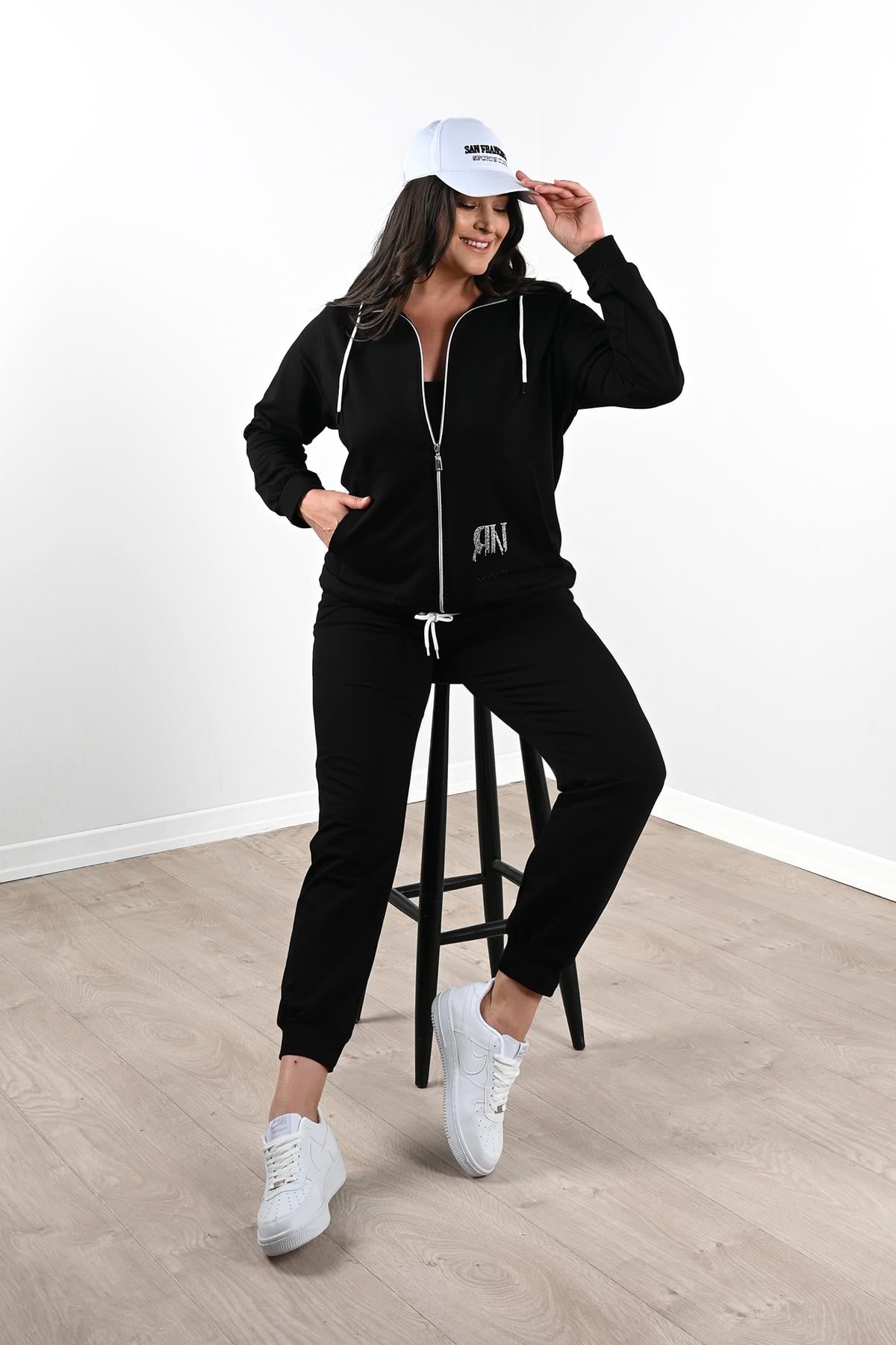 Kadın Büyük Beden Fermuarlı Taş Baskılı Eşofman Takımı 8037-24