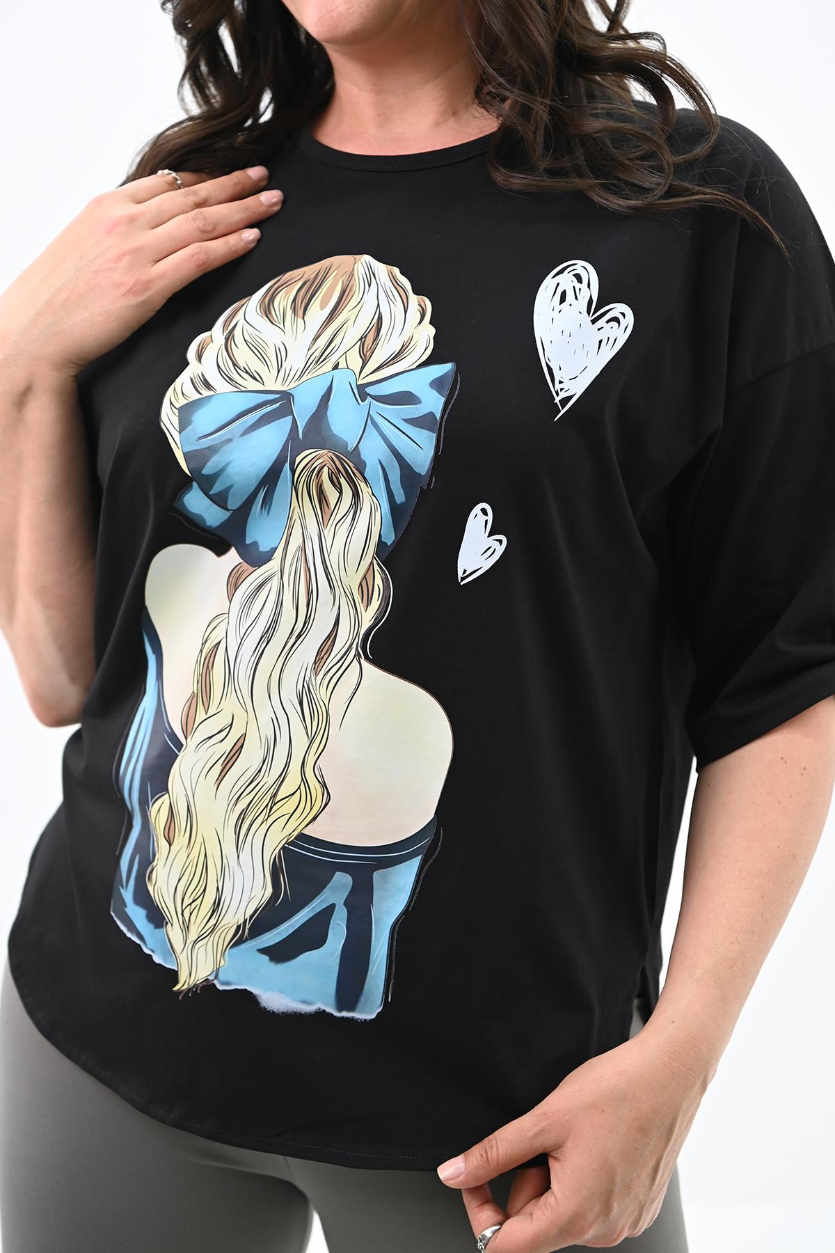 Kadın Büyük Beden Kalp Baskılı Oversize T-shirt 1773-3-24