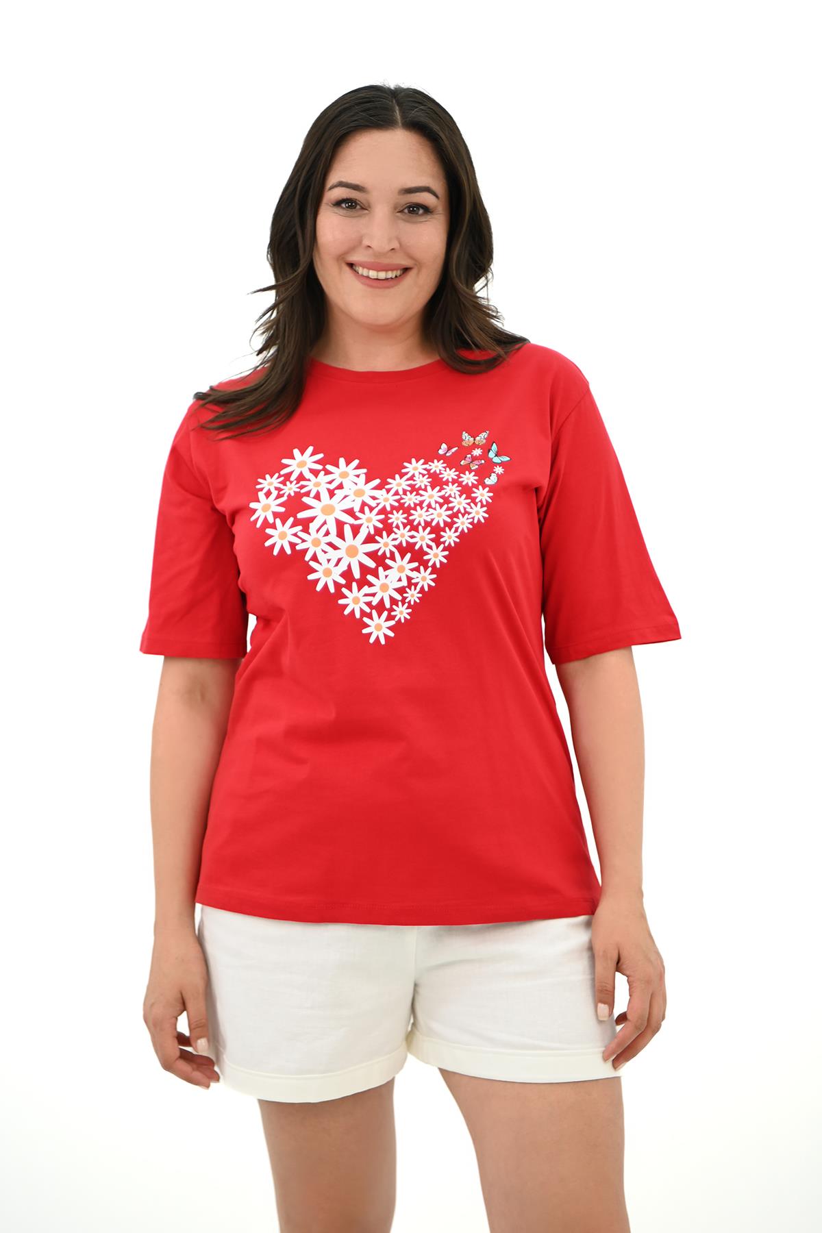 Kadın Büyük Beden Kalp şeklinde Papatya Baskılı T-Shirt 1575-23