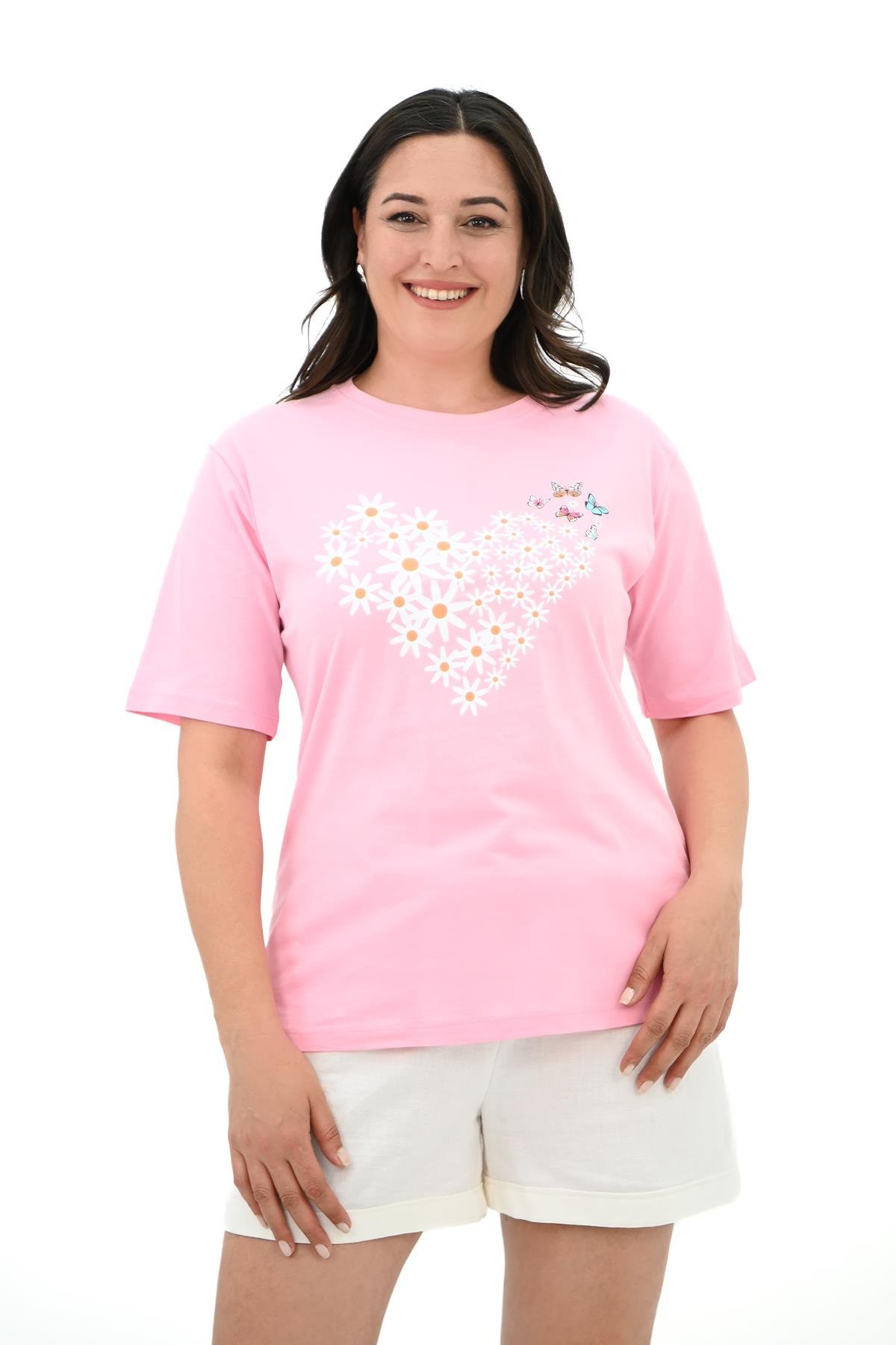 Kadın Büyük Beden Kalp şeklinde Papatya Baskılı T-Shirt 1575-23