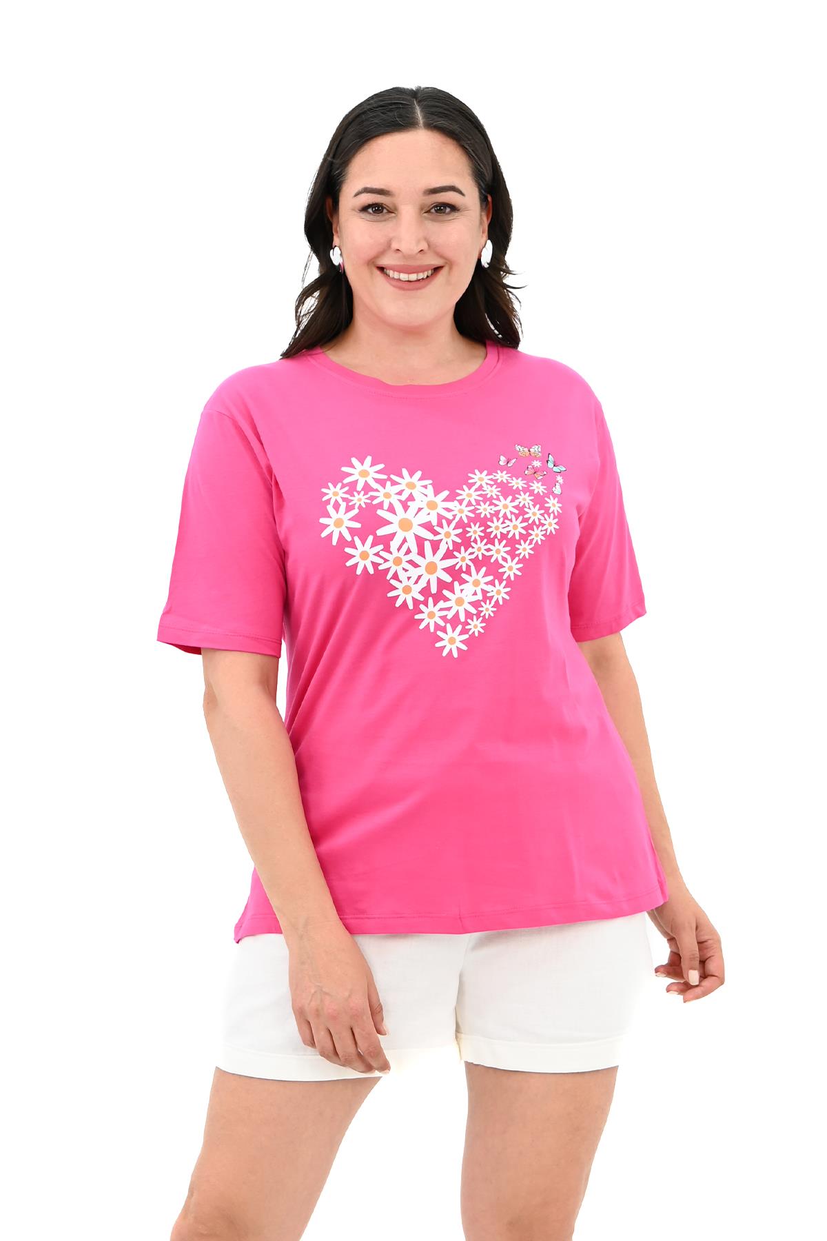 Kadın Büyük Beden Kalp şeklinde Papatya Baskılı T-Shirt 1575-23