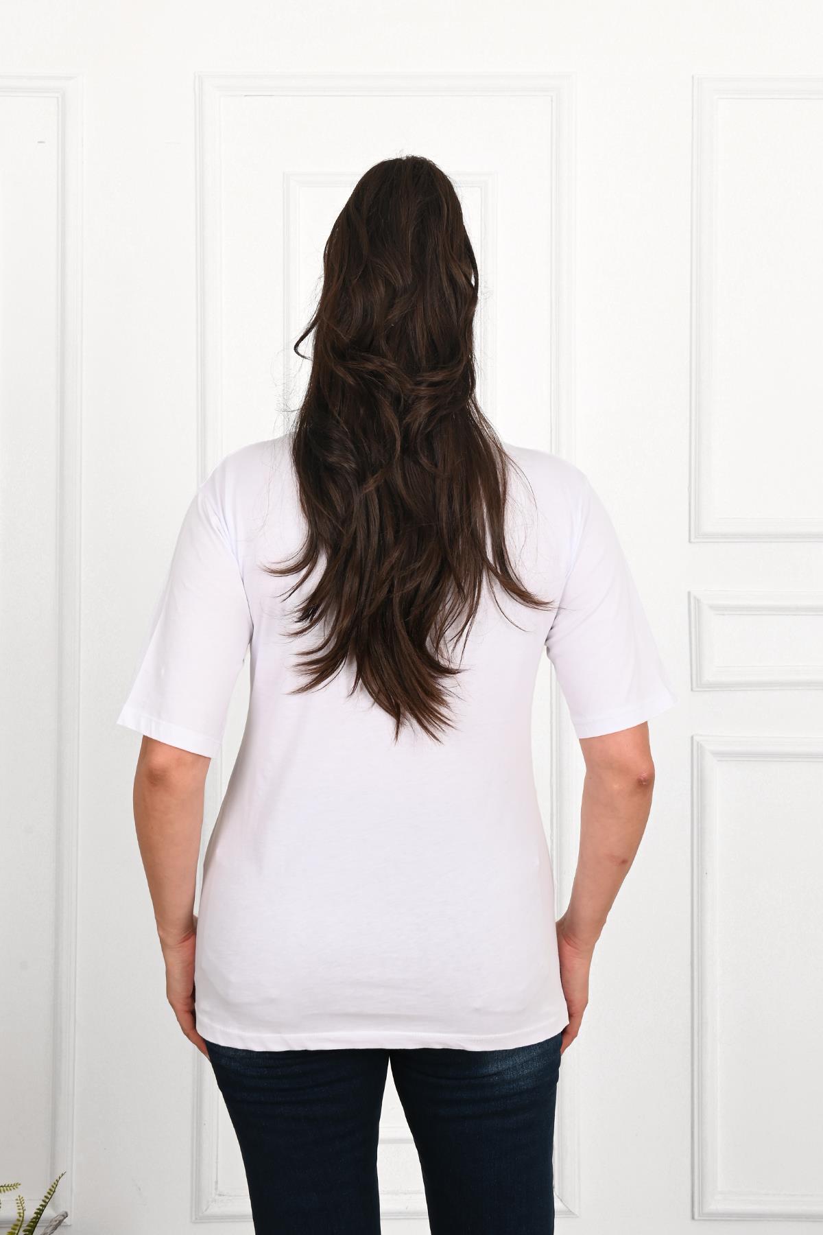 Kadın Büyük Beden Kalp şeklinde Papatya Baskılı T-Shirt 1575-23